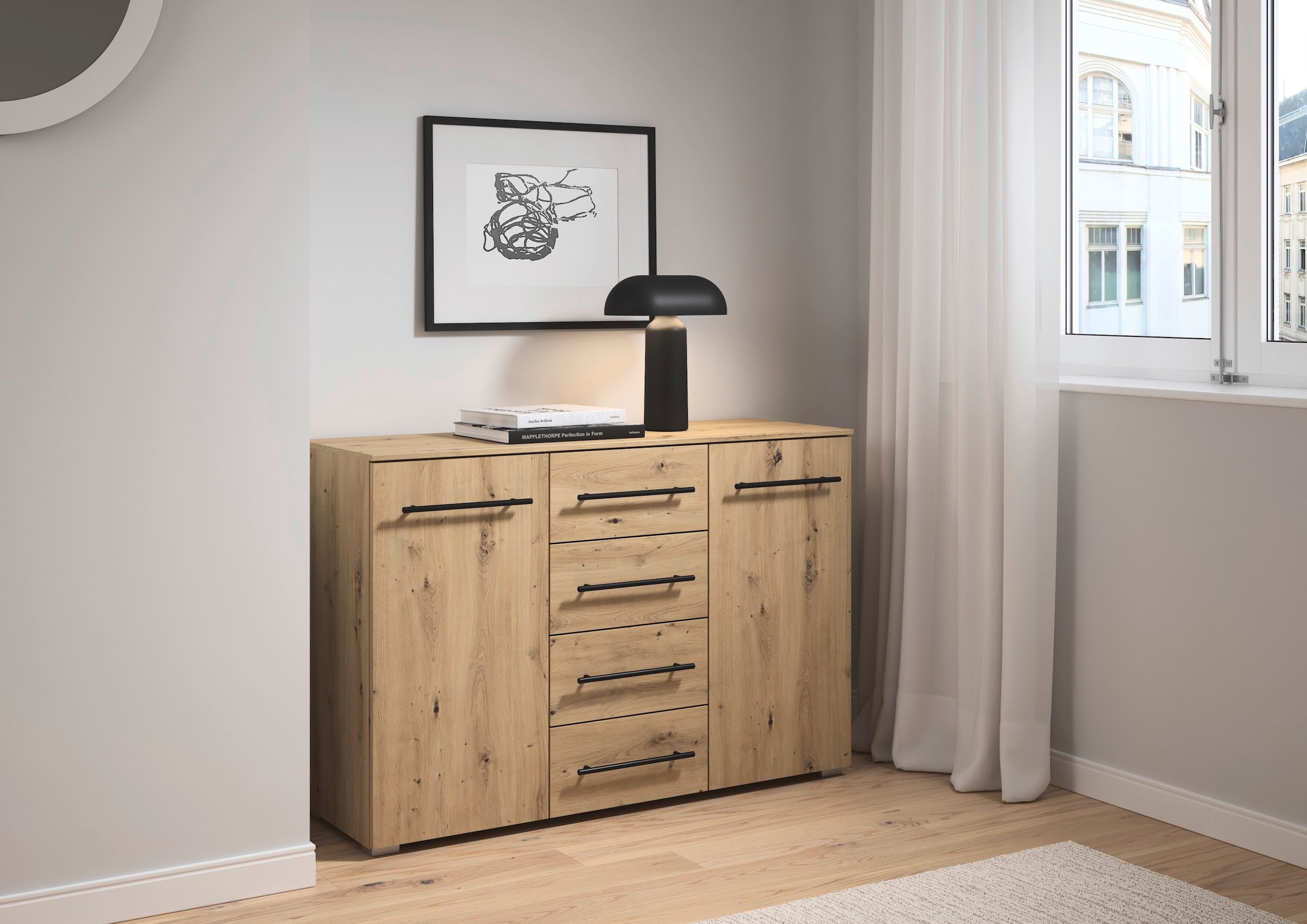 OTTO home Kombikommode »Highboard Sideboard Schubladenkommode Kommode Schlafzimmer AVOLA« Breite 120 cm inkl. SOFT-CLOSE-FUNKTION mit Dekorfront,  vier große Schubladen und 2 Türen, mit 4 Einlegeböden MADE IN GERMANY