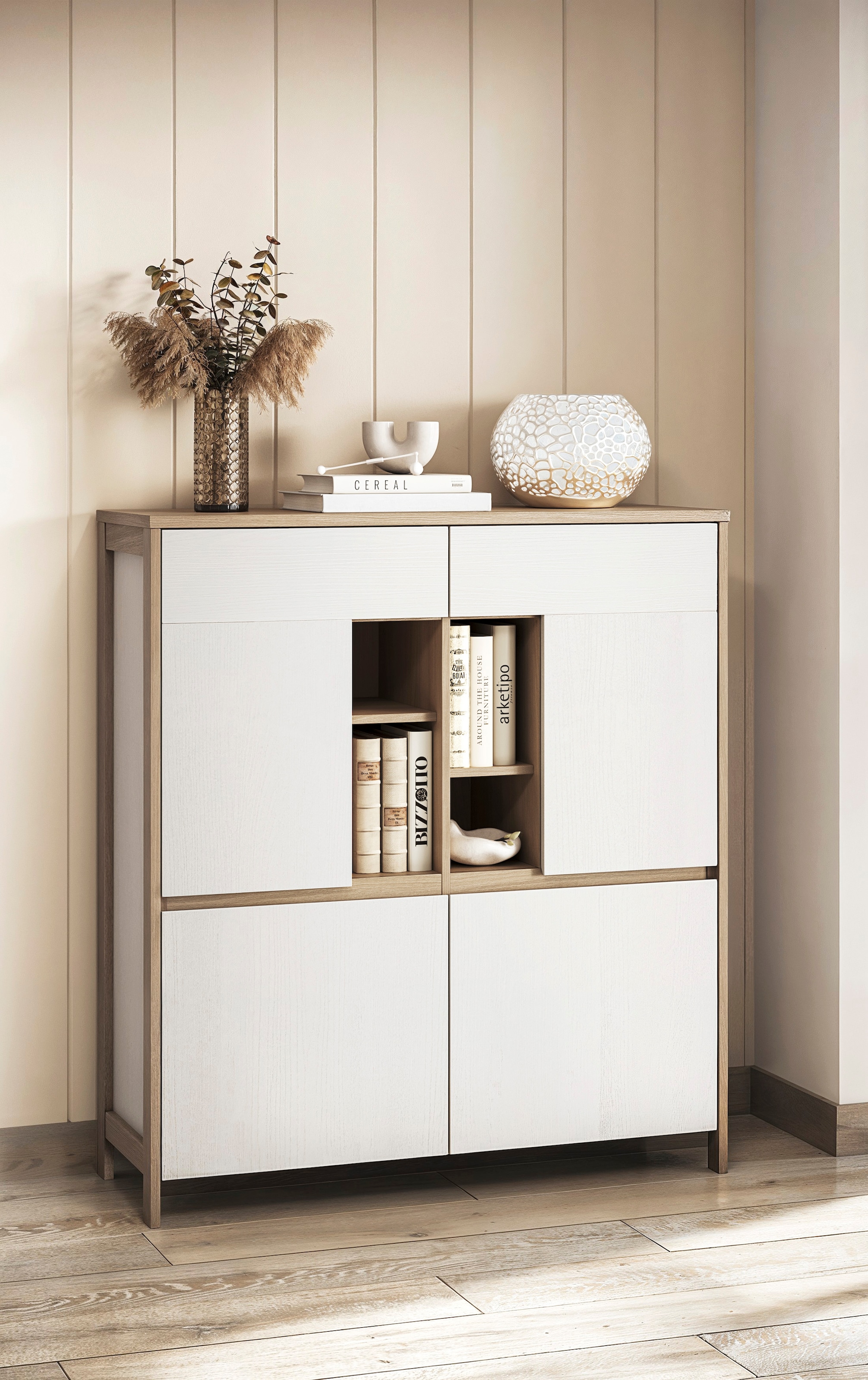Home affaire Highboard »Stranda, moderner Schrank, Stauraumelement im Scandic-Style«, elegante Rahmenoptik, ausreichend Stauraum, vielseitig einsetzbar