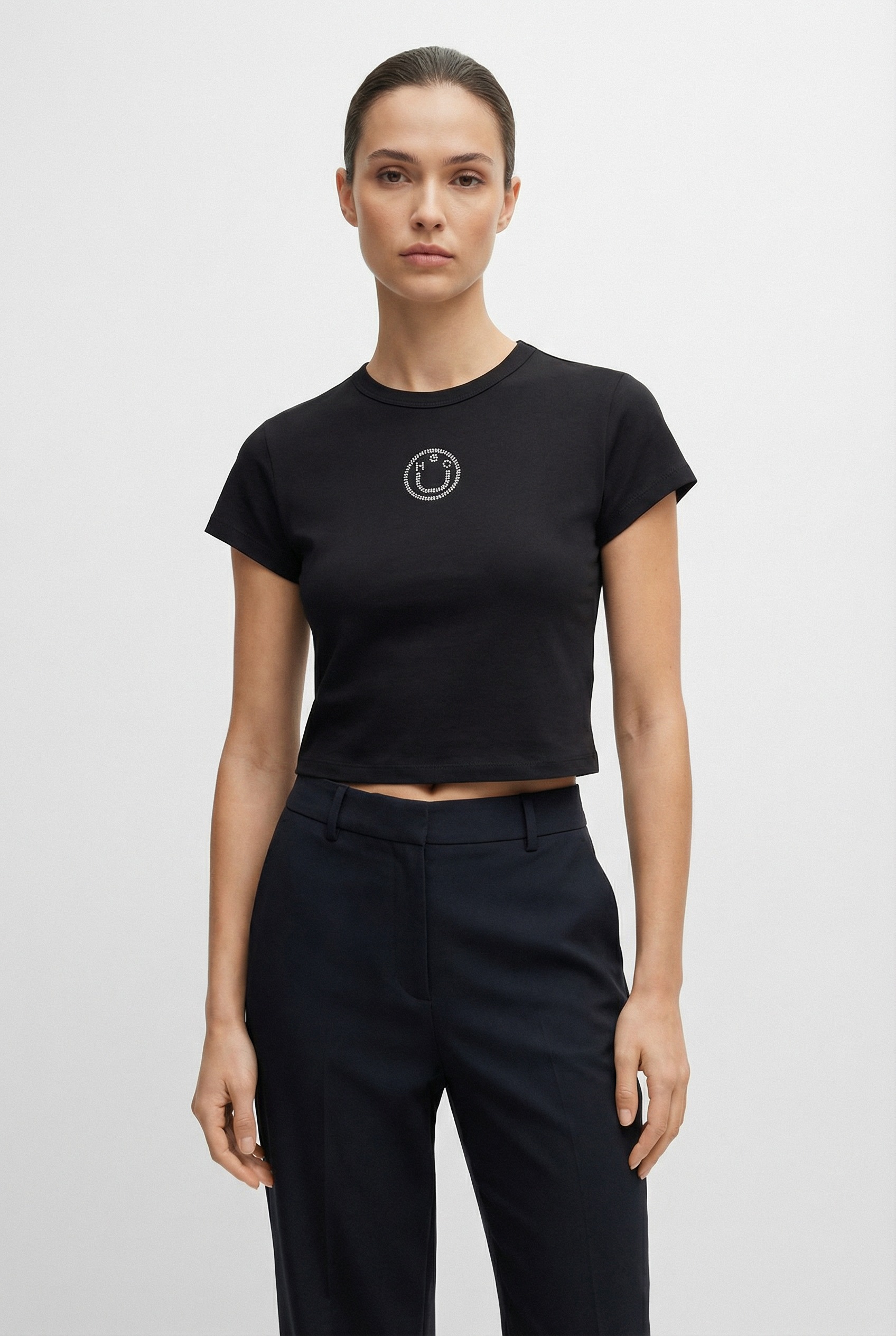 HUGO Blue Kurzarmshirt "Dome" Cropped, mit Strass-Logo günstig online kaufen