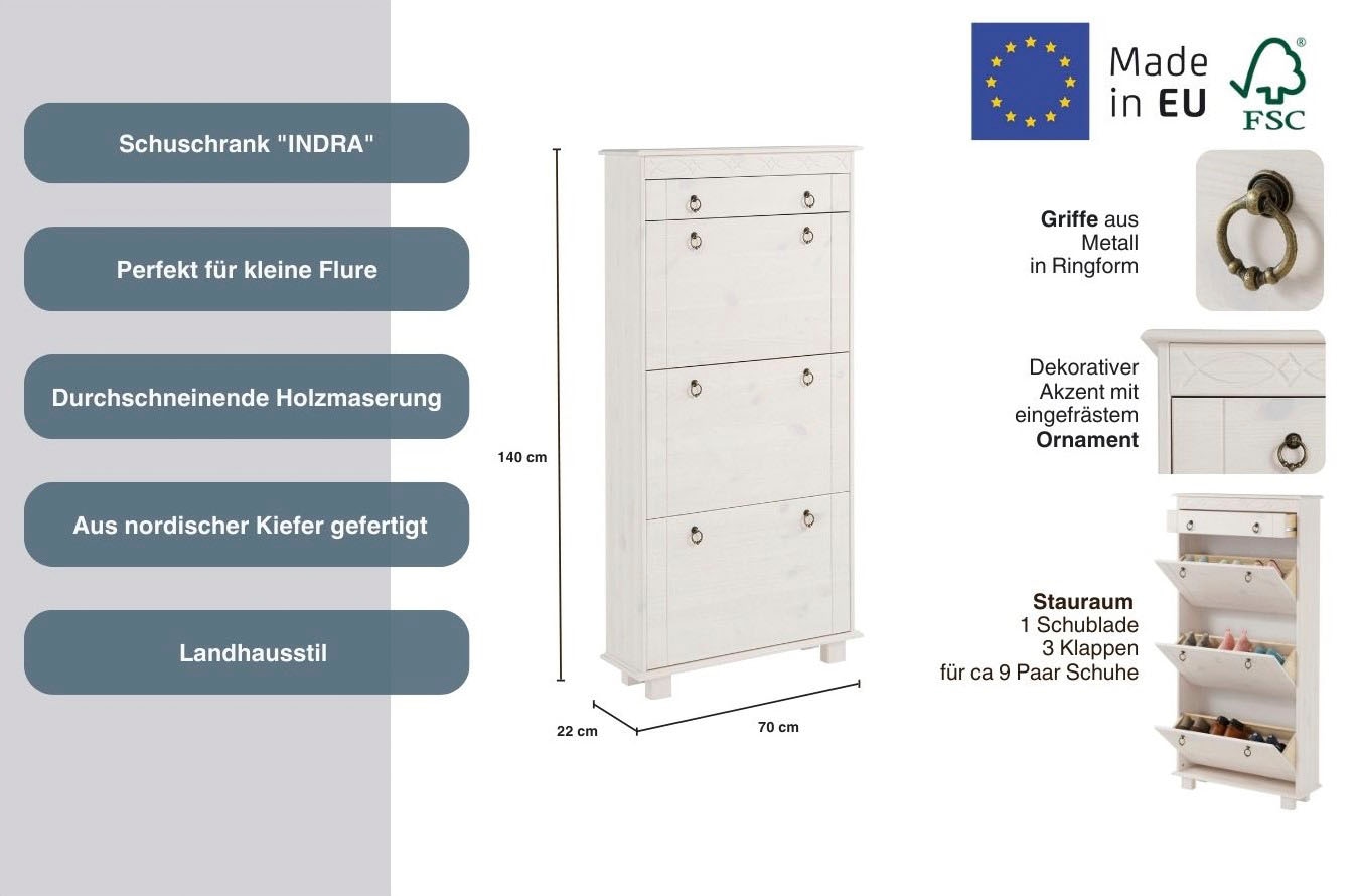 Home affaire Schuhschrank »Indra«, aus massiver Kiefer, FSC®, Breite 70 cm, Platz für ca. 9 Paar Schuhe