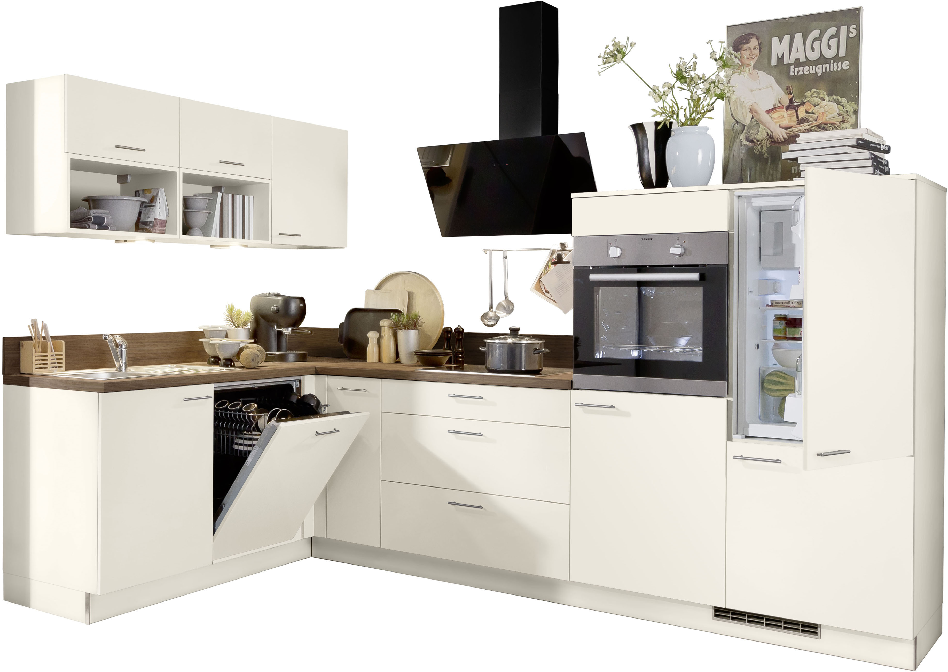 KOCHSTATION Küchenzeile "KS-Scafa, mit höhenverstellbaren Füßen" vormontiert, wahlweise mit E-Geräten, Stellbreite 305 x 185 cm