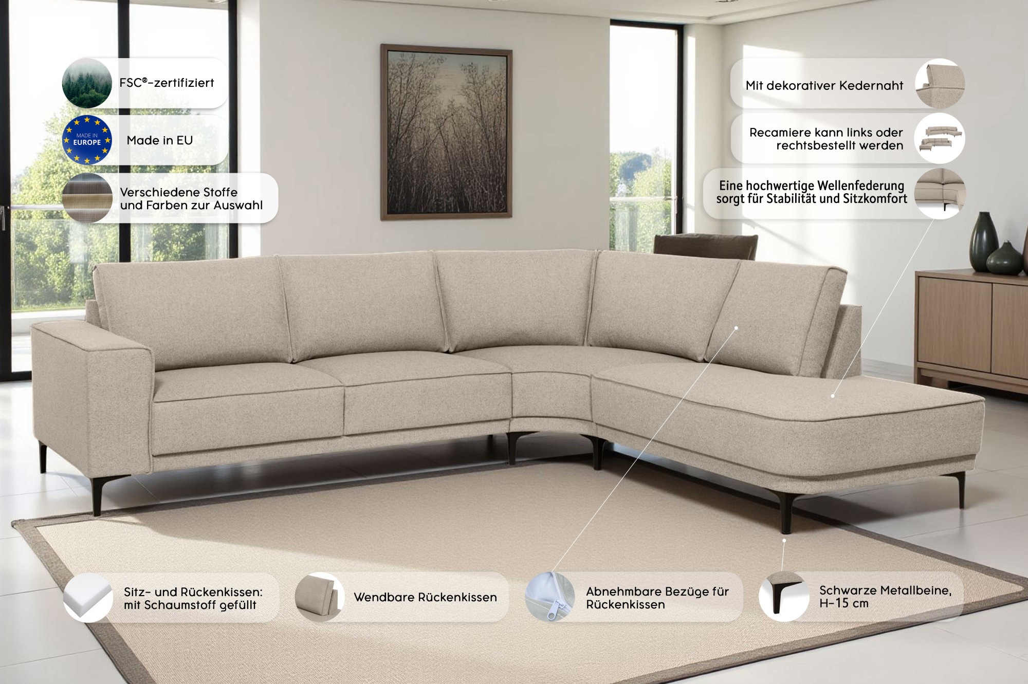 Places of Style Ecksofa »Casina«, mit abgerundeter Ottomane, in einem weichen Chenille-Stoff