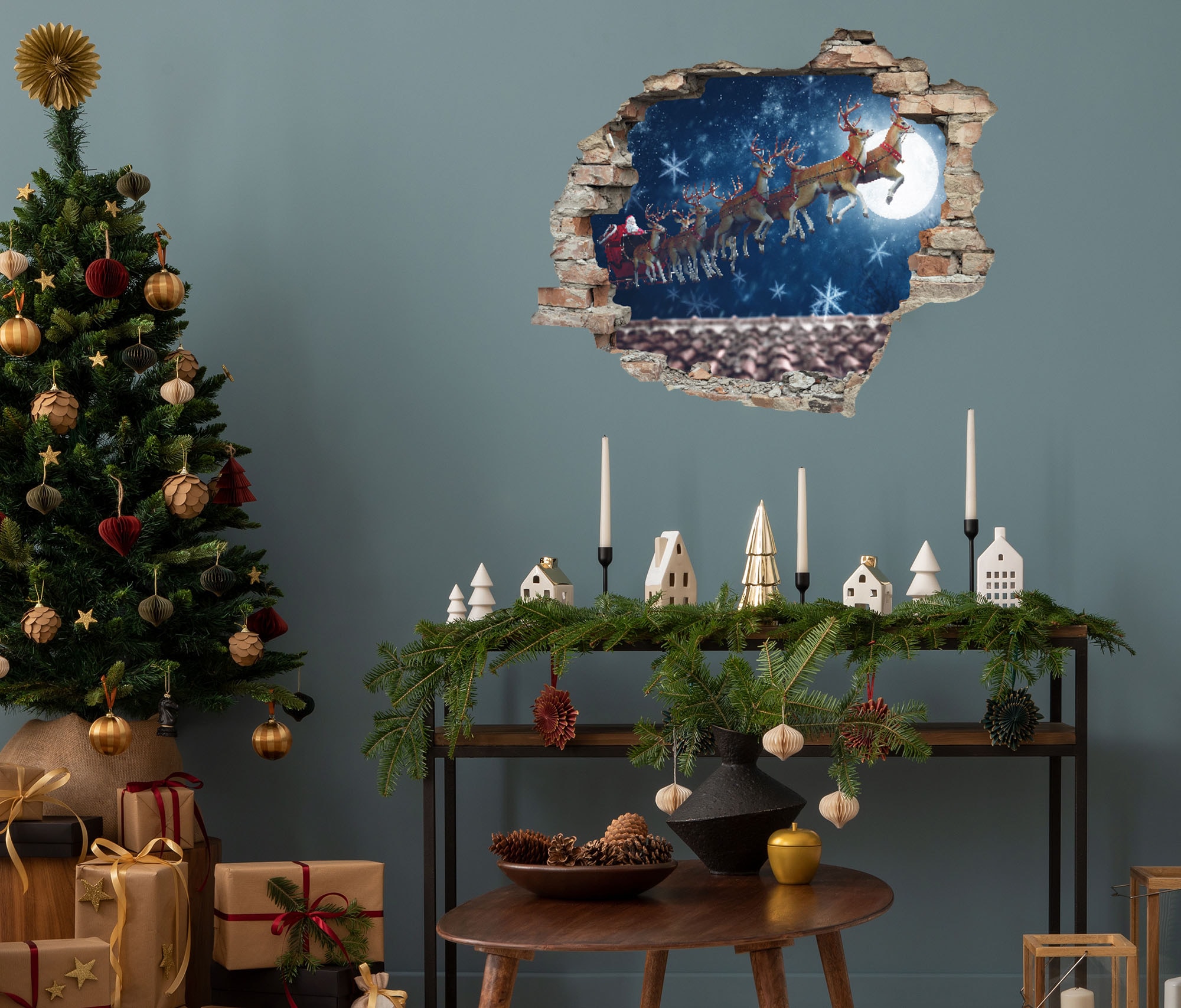 queence 3D-Wandtattoo »Rehntiere am Himmel«, (1 St.), selbstklebender Wandsticker Weihnachten
