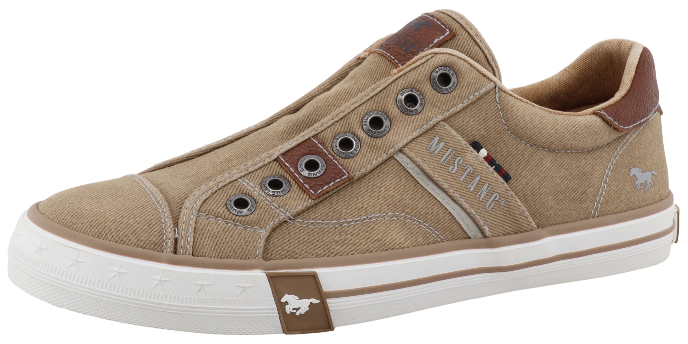 Slip-On Sneaker MUSTANG SHOES "Calogero", Herren, Gr. 46, taupe, Baumwolle, Schuhe, Slipper, Freizeitschuh, Halbschuh mit Kontrastnähten