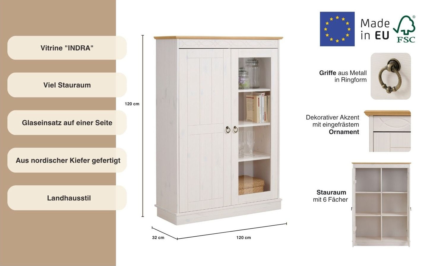 Home affaire Highboard »Indra«, Vitrine, Breite 85 cm, aus massiver Kiefer