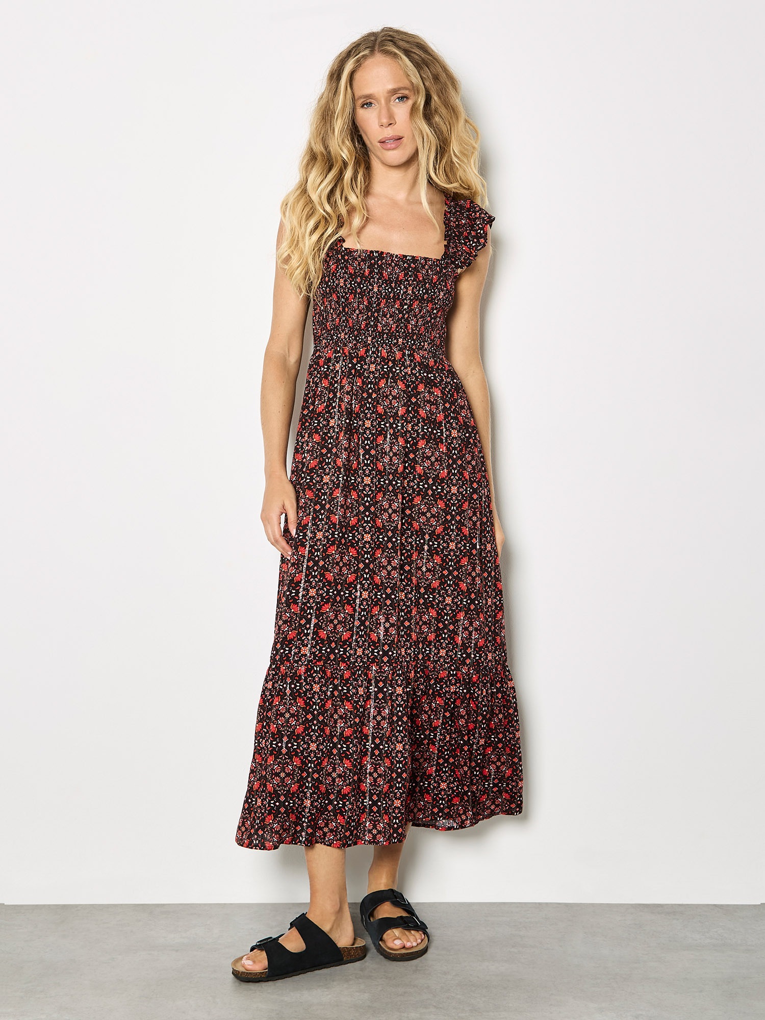 Apricot Midikleid "Folk-Blumen-Midi-Kleid" mit Metallic