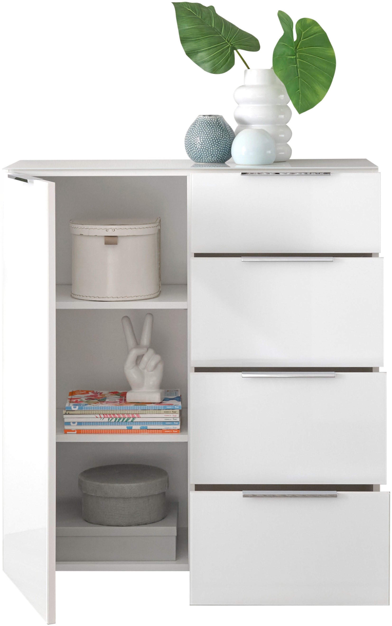 HBZ Sideboard »Santorin Mehrzweckschrank-Universalschrank, BxHxT 90x99x40 cm«, (1 St.), Mit 1 Tür und 4 Schubkästen mit Softclose, Glasfront und Glasoberboden