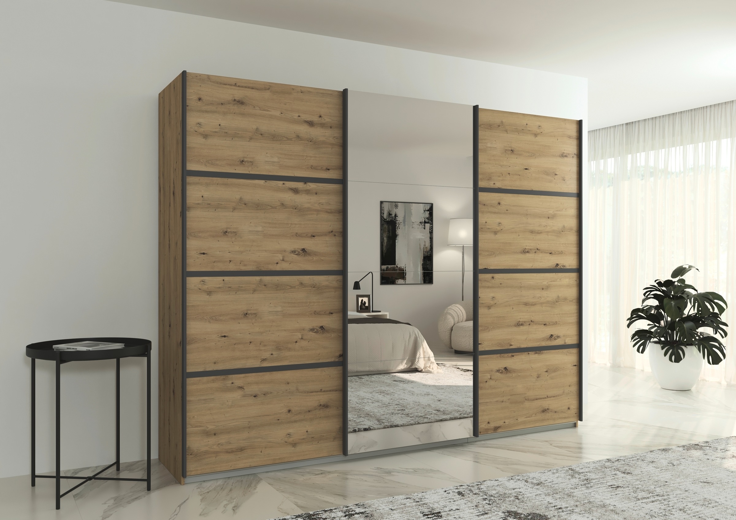 rauch Kleiderschrank »Schwebetürenschrank Garderobe Schrank TOP ANGEBOT Avola«, (in 3 verschiedenen Ausstattungen BASIC/CLASSIC/PREMIUM inkl. Spiegel), mit eleganten Zierleisten in Chrom, Schwarz oder Weiß MADE IN GERMANY