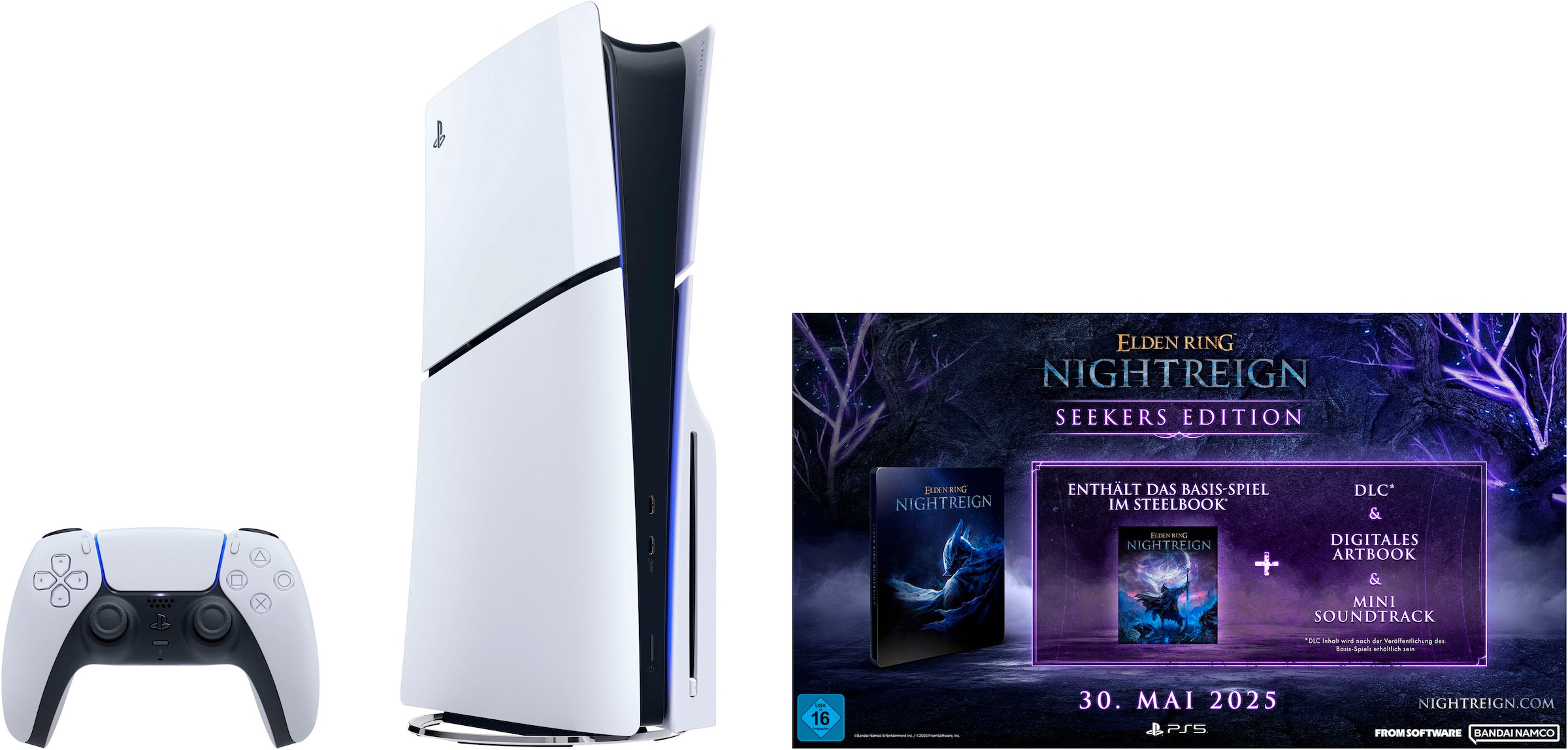 PLAYSTATION 5 Konsolen-Set "PS5 Disk Edition (Slim) + Elden Ring Nightreign Seekers Edition", B:21,6cm H:35,8cm T:9,6cm, schwarz-weiß, Spielekonsolen