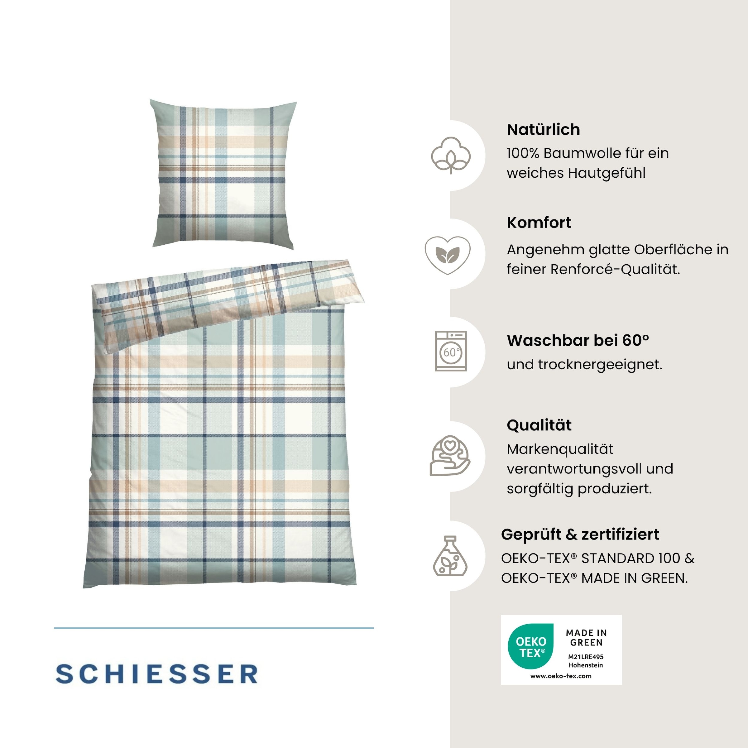 Schiesser Bettwäsche »Ezra aus weicher Baumwolle und einem wunderschönen Karo« 2 Stk. OEKO-TEX® MADE IN GREEN-zertifiziert