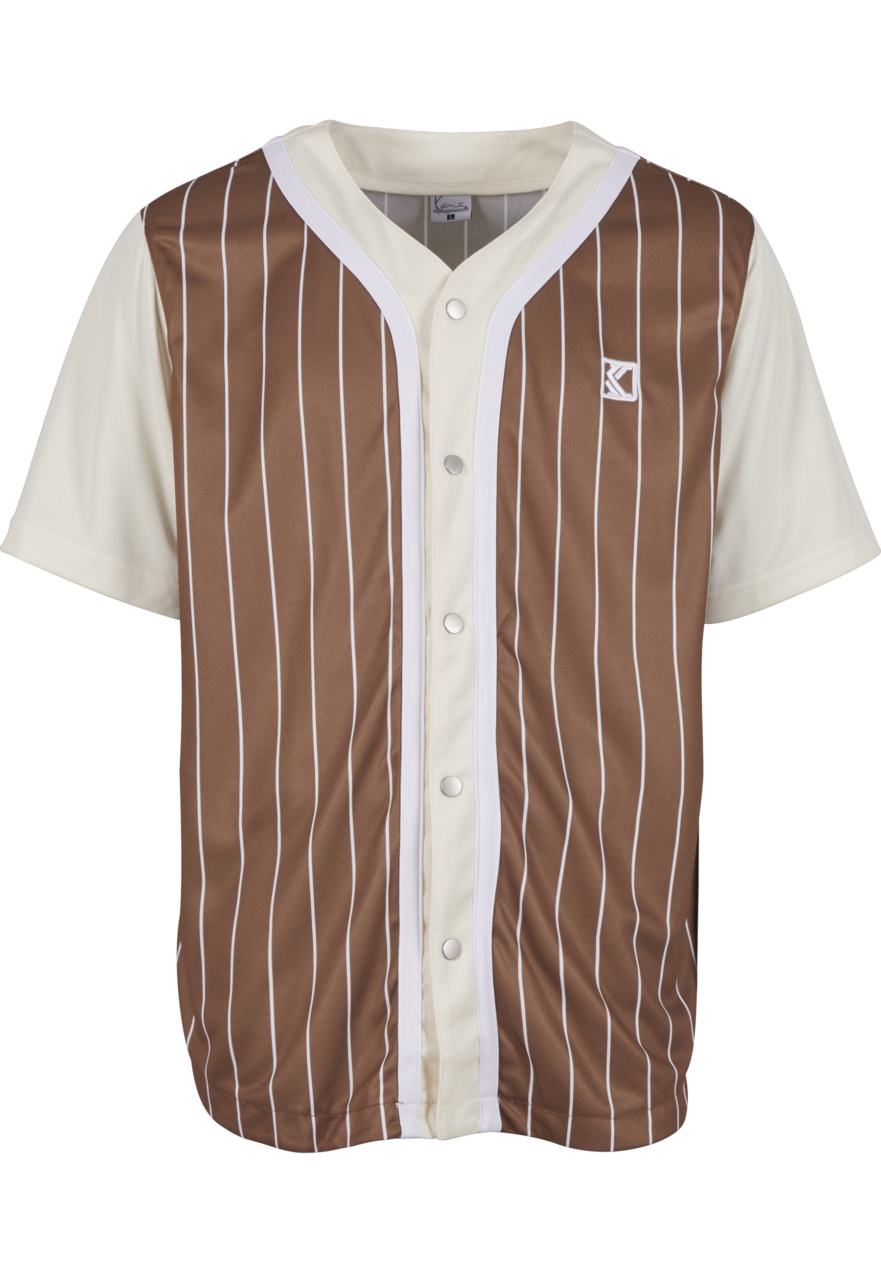 T-Shirt KARL KANI "Karl Kani Herren", Damen, Gr. M, braun, sanftes weiß, 100% Polyester, gestreift, normal, V-Ausschnitt, Shirts T-Shirt