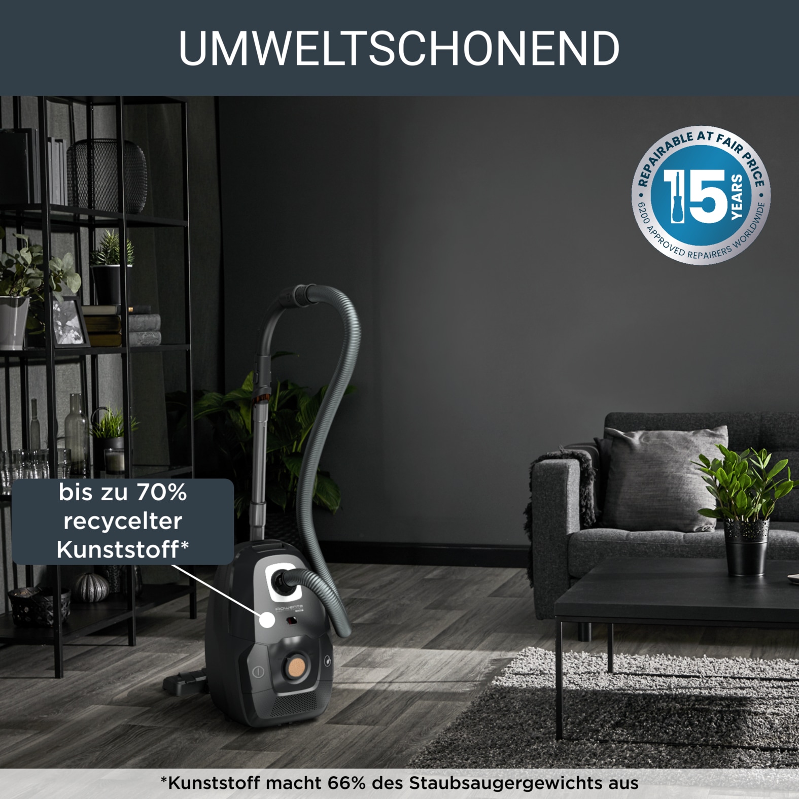 Rowenta Bodenstaubsauger »Green Force Effitech, Staubsauger mit Beutel, großer Aktionsradius«, 400 W, mit Beutel, Aus recyceltem Kunststoff, starke Saugleistung, RO6189