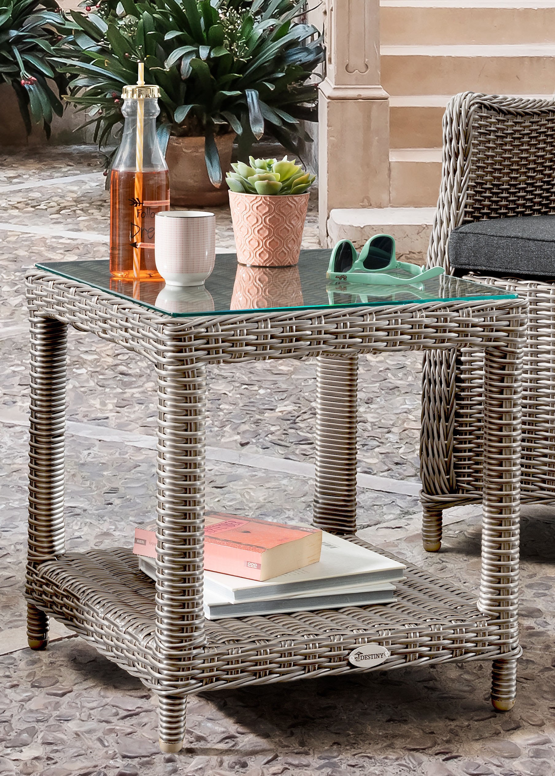Destiny Balkonset »LUNA MERANO«, (Set, 3 tlg., 1 Beistelltisch, 2 Sessel), (Set, 7-tlg., 2 Sessel, 1 Tisch 46x47x50cm) Aluminium, Polyrattan