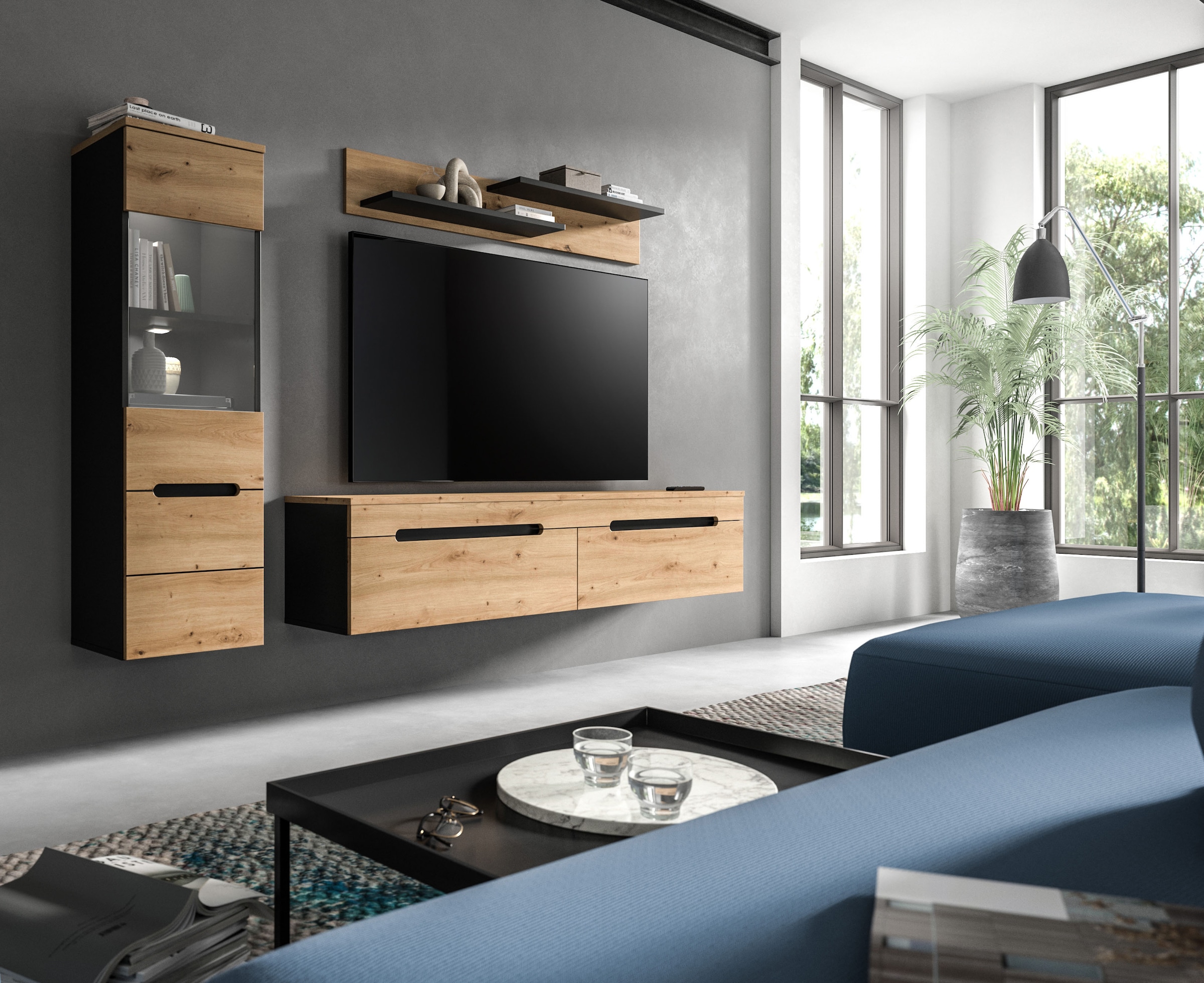 INOSIGN Wohnwand »REHAT, TOPSELLER!, 3-teilig, inkl. Beleuchtung, stehend oder hängend« Set bestehend aus: Vitrine inkl. Beleuchtung, Lowboard und Wandboard, 3 Stk. tlg.