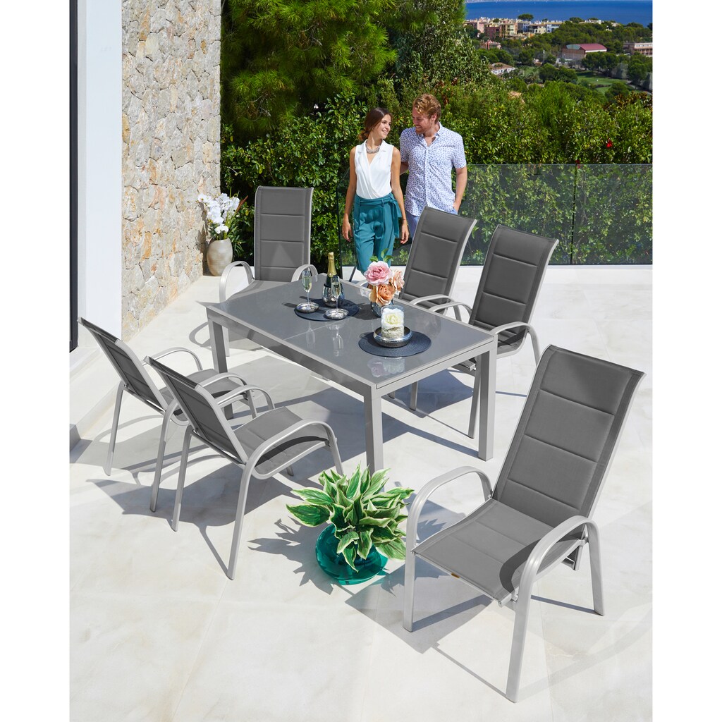 MERXX Garten-Essgruppe »Amalfi Deluxe«, (7 tlg., 6x Stapelsessel (2x verstellbar), 1x Ausziehtisch 150(220)x90 cm)