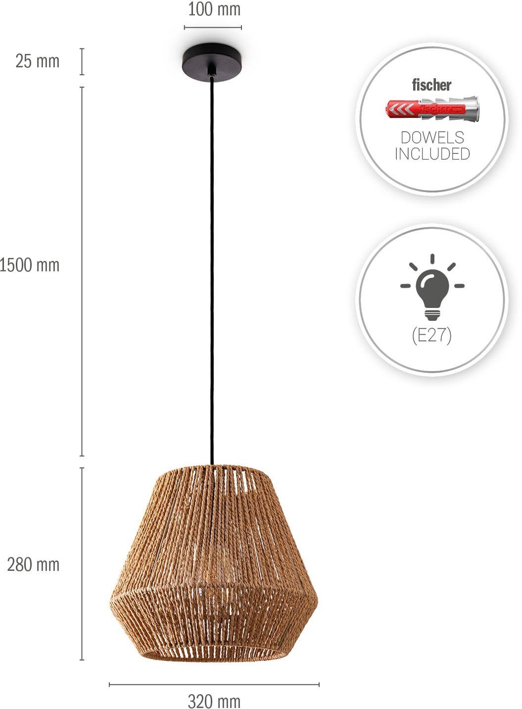 Paco Home Pendelleuchte »Hugo Diego«, Leuchtmittel E27 | ohne Leuchtmittel, Wohnzimmer Esszimmer Rattan Optik Boho Lampenschirm Papier