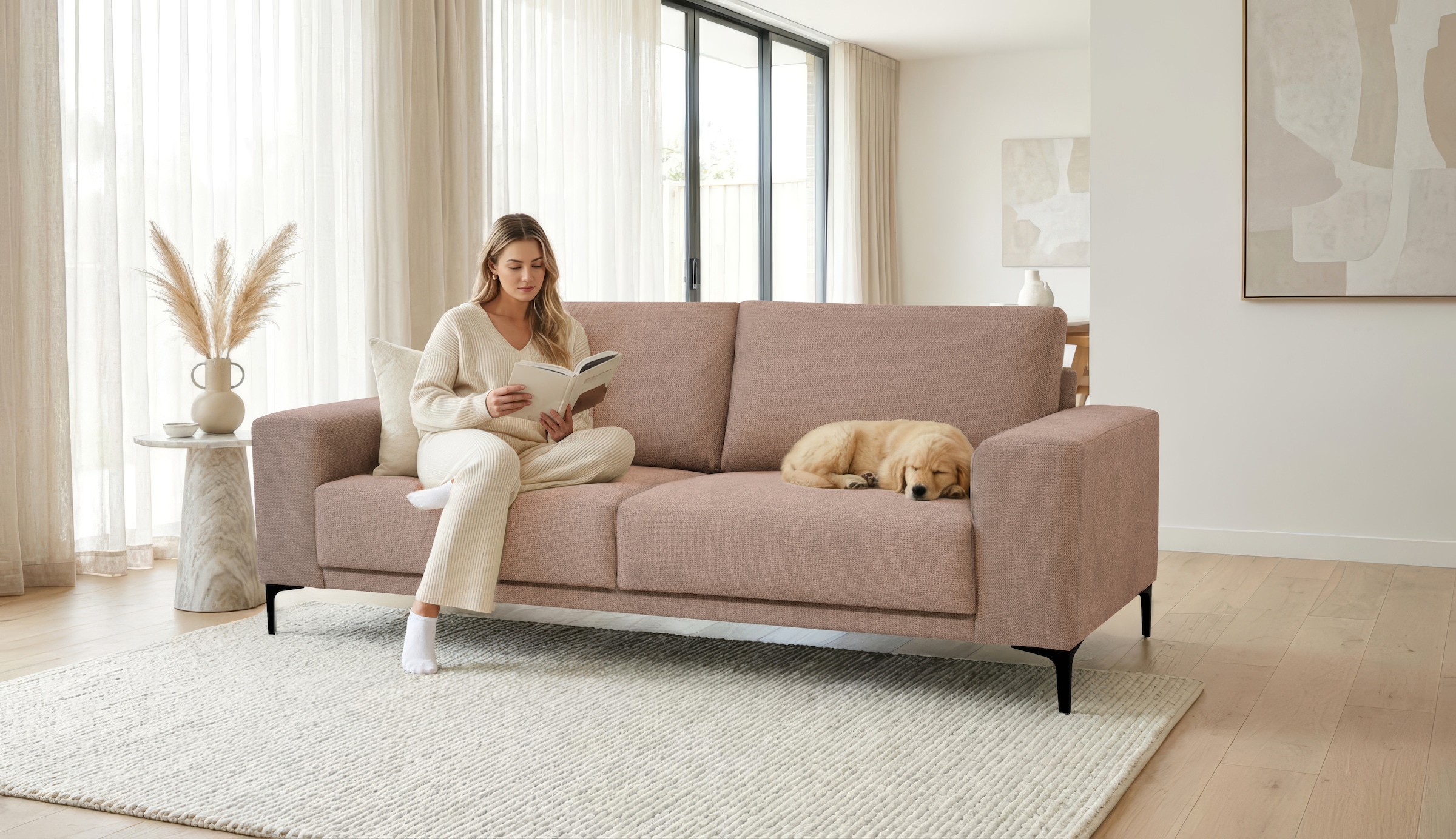 OTTO home 3-Sitzer "Xander" Breite 224 cm, Soft-Touch Chenille, schwarze Metallfüße