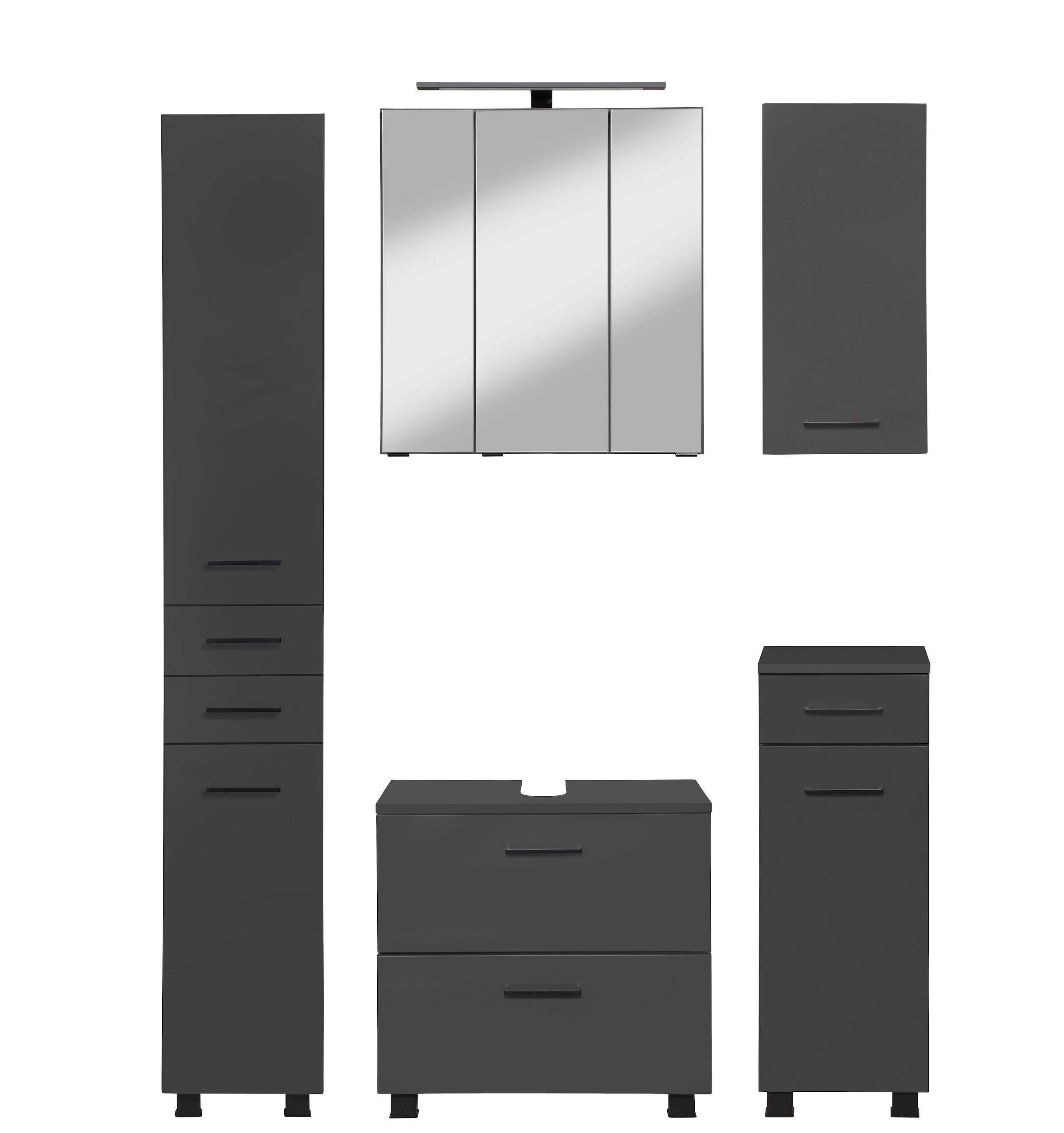 HELD MÖBEL Badmöbel-Set »"Trento", Badezimmer-Set, Hängeschrank, Unterschrank, Hochschrank«, (5 St.), Waschbeckenunterschrank, Spiegelschrank inkl. Aufbauleuchte