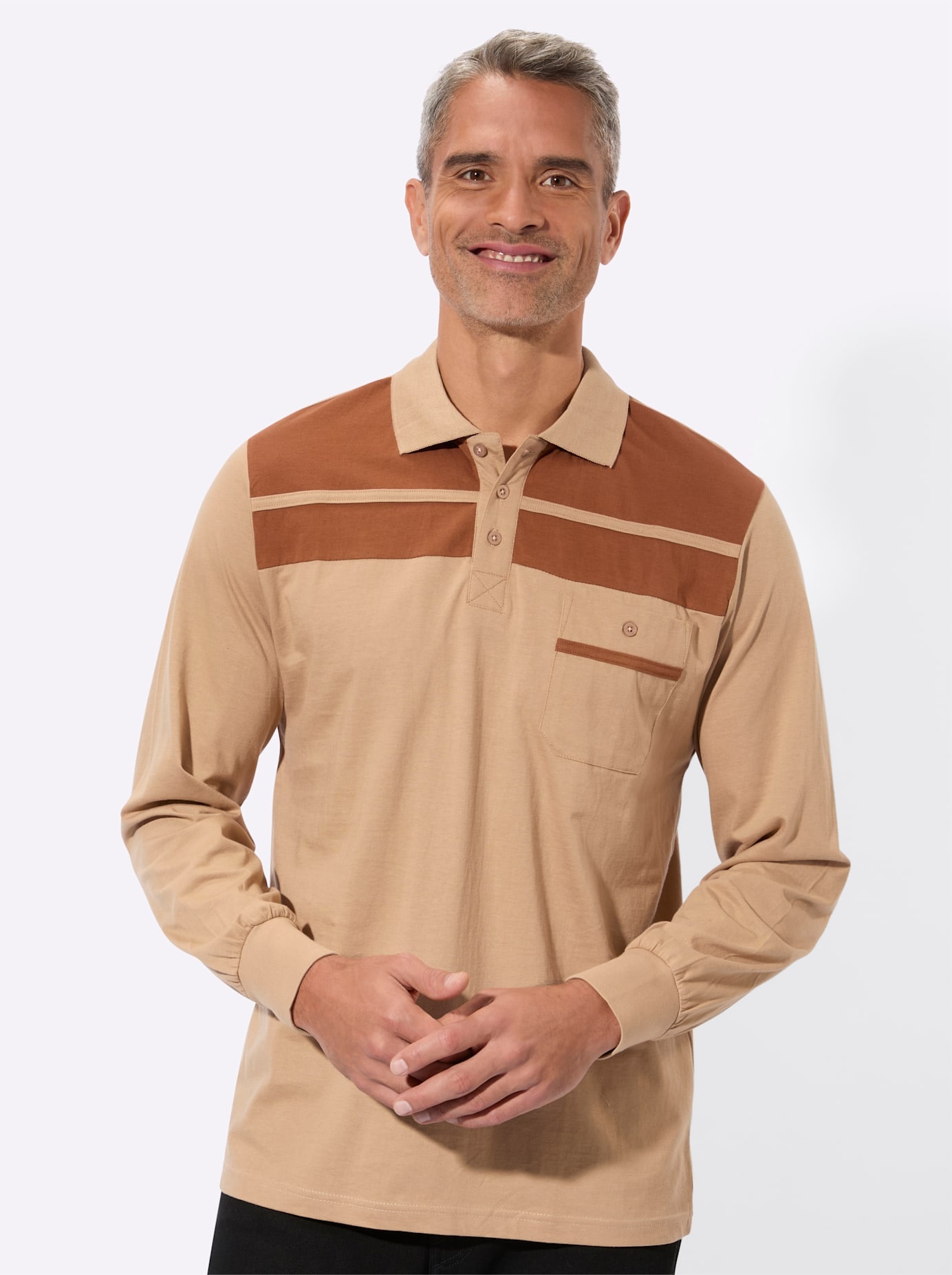Langarm-Poloshirt CLASSIC "Poloshirt", Herren, Gr. 56/58, camel, cognac, 100% Baumwolle, gemustert, mehrfarbig, unifarben, ohne Ausschnitt, Shirts