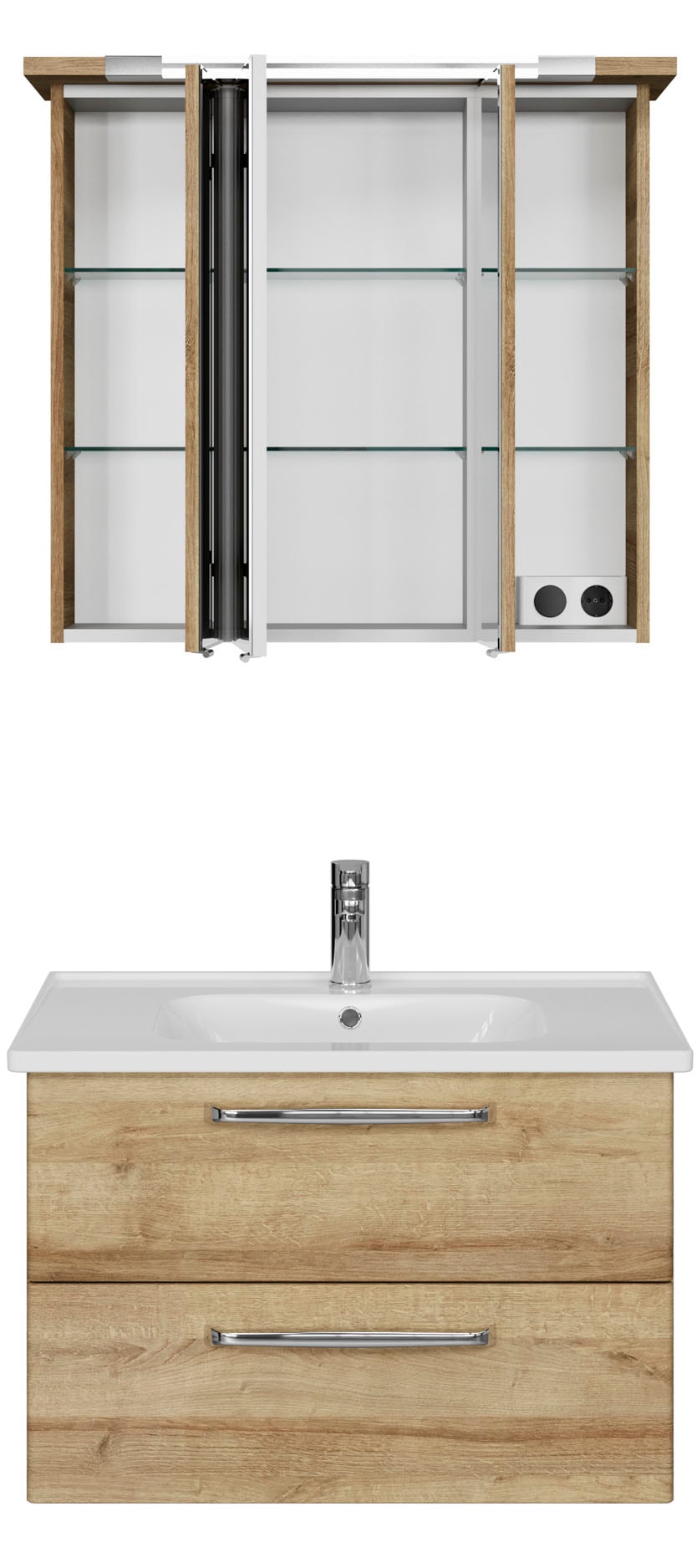 Saphir Badmöbel-Set »Trentino 2-teilig Keramik-Waschtisch, Spiegelschrank mit LED-Profil«, (3 St.), Badmöbel-Set 79cm breit, inkl. Türdämpfer, 3 Türen, 2 Auszügen