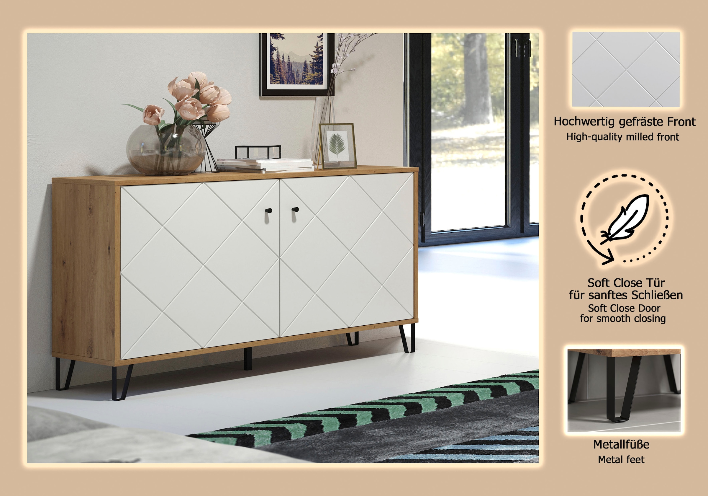 Places of Style Sideboard »Tarragona«, Sideboard mit 2 Türen & Soft-Close - (B/T/H) 123/40/76 cm