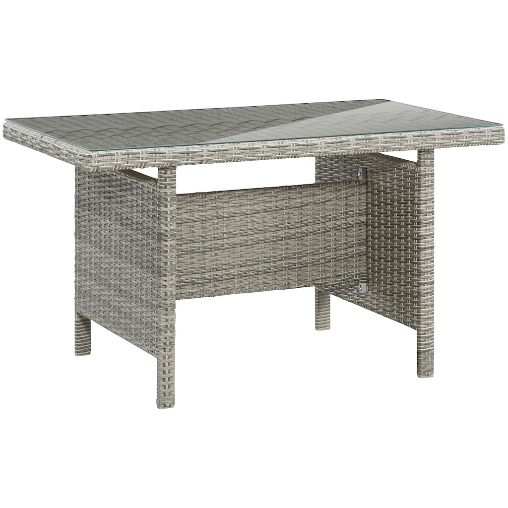 KONIFERA Garten-Essgruppe »Monaco«, (Set, 16 tlg., 1x2er Sofa, 2x Sessel, 2x Hocker, 1x Tisch 120x70x66cm, inkl. Auflagen), Polyrattan, Aluminium, Rückenlehne verstellbar, Grau