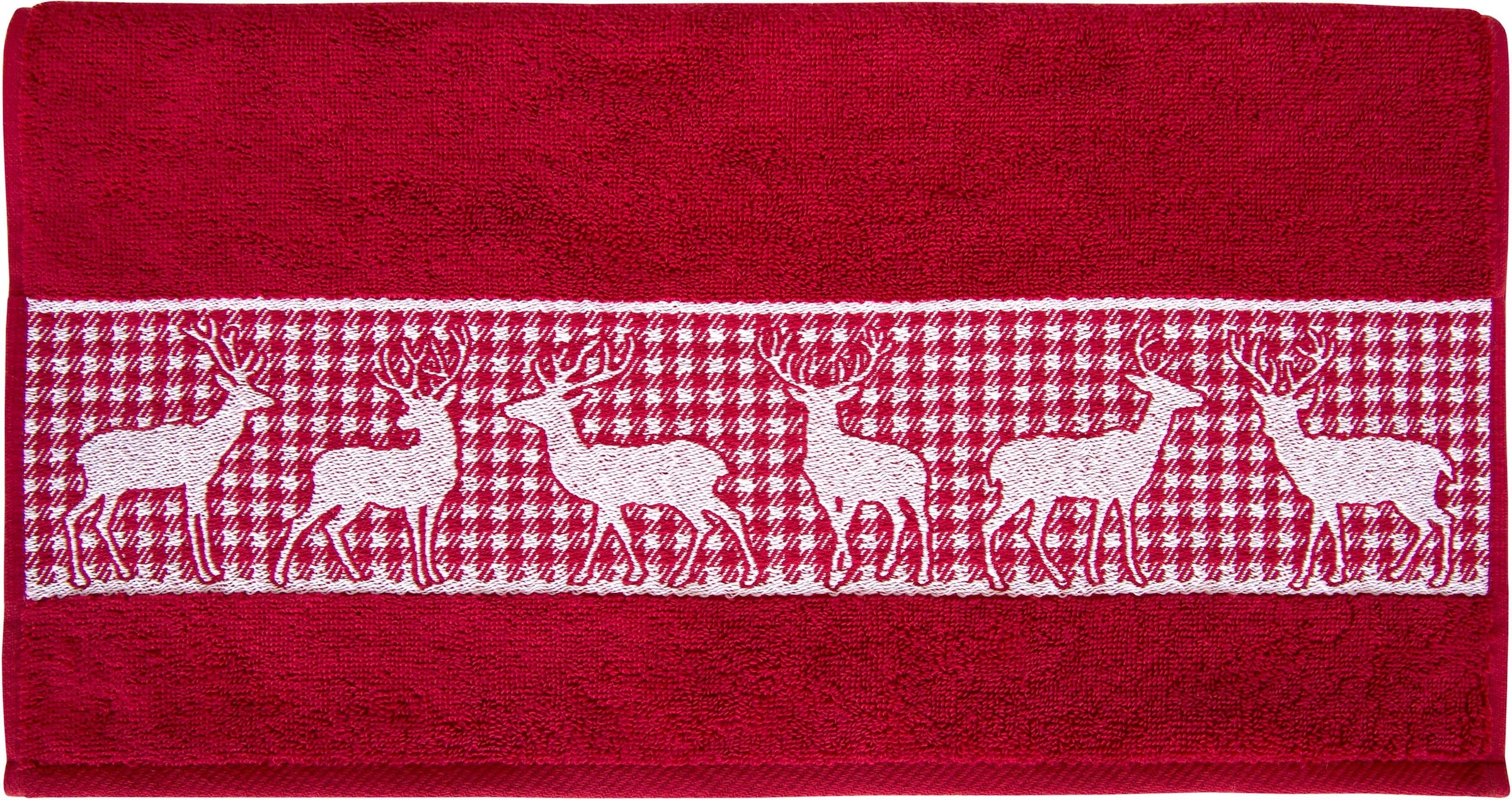 Dyckhoff Handtuch Set »Hirschparade«, (Set, 3 St., 2 Handtücher (50x100 cm)-1 Badetuch (70x140 cm), mit karierten Bordüre und Hirschmotiven