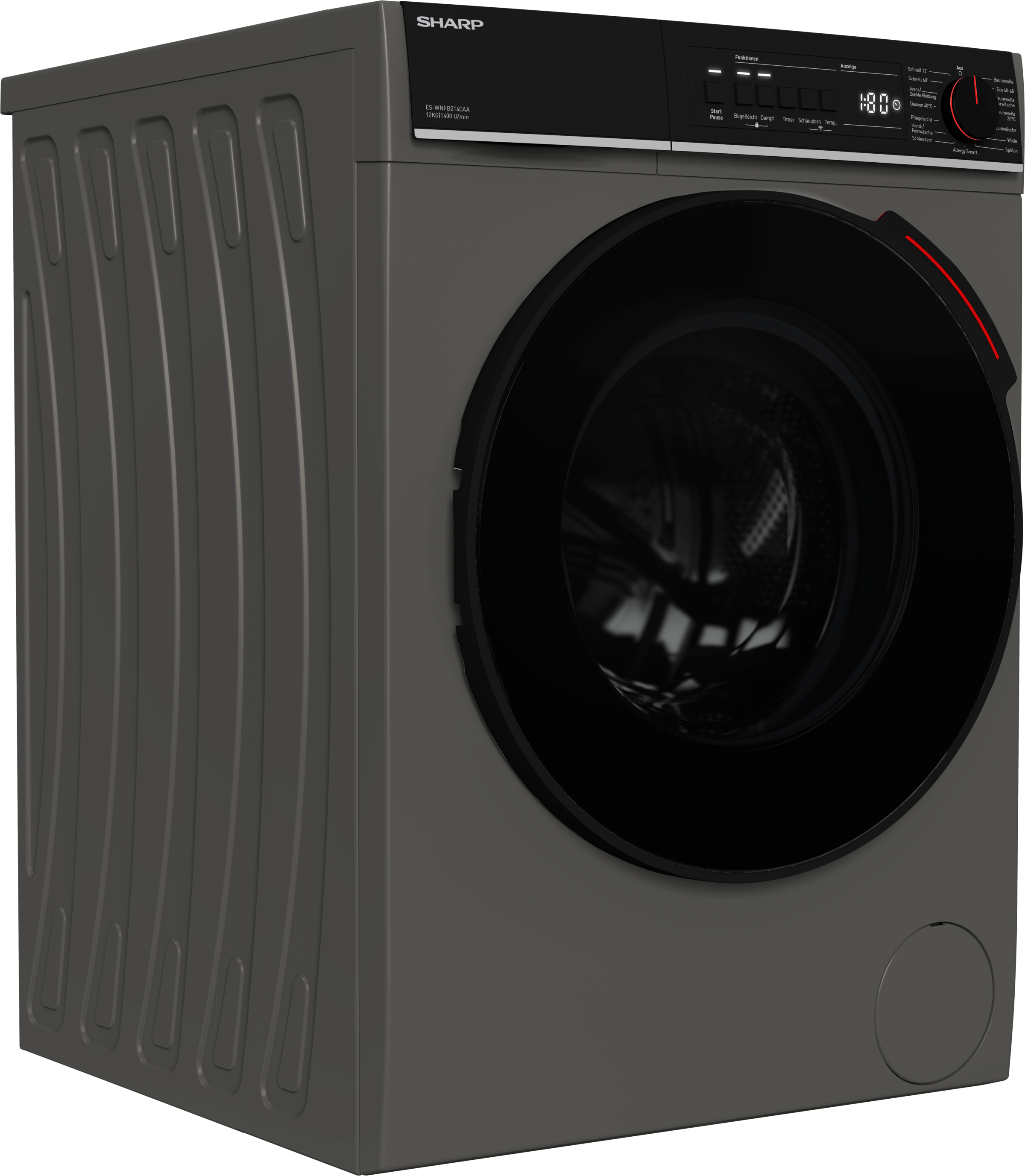 Sharp Waschmaschine »ES-WNFB214CAA-DE« 12 kg 1400 U/min 12kg / +WIFI / A-20% / black Doorring+knob / Steam / Espresso Grey