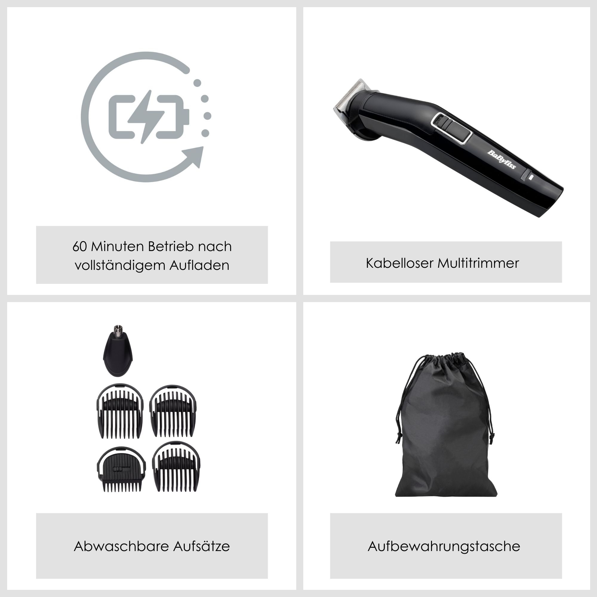BaByliss Multifunktionstrimmer »BaByliss 6-in-1 Multigrooming Trimmer, Edelstahlklingen, MT725E« 6 Aufsätze 6 Stylingfunktionen, 4 Kammaufsätze, kabelloses Grooming-Set
