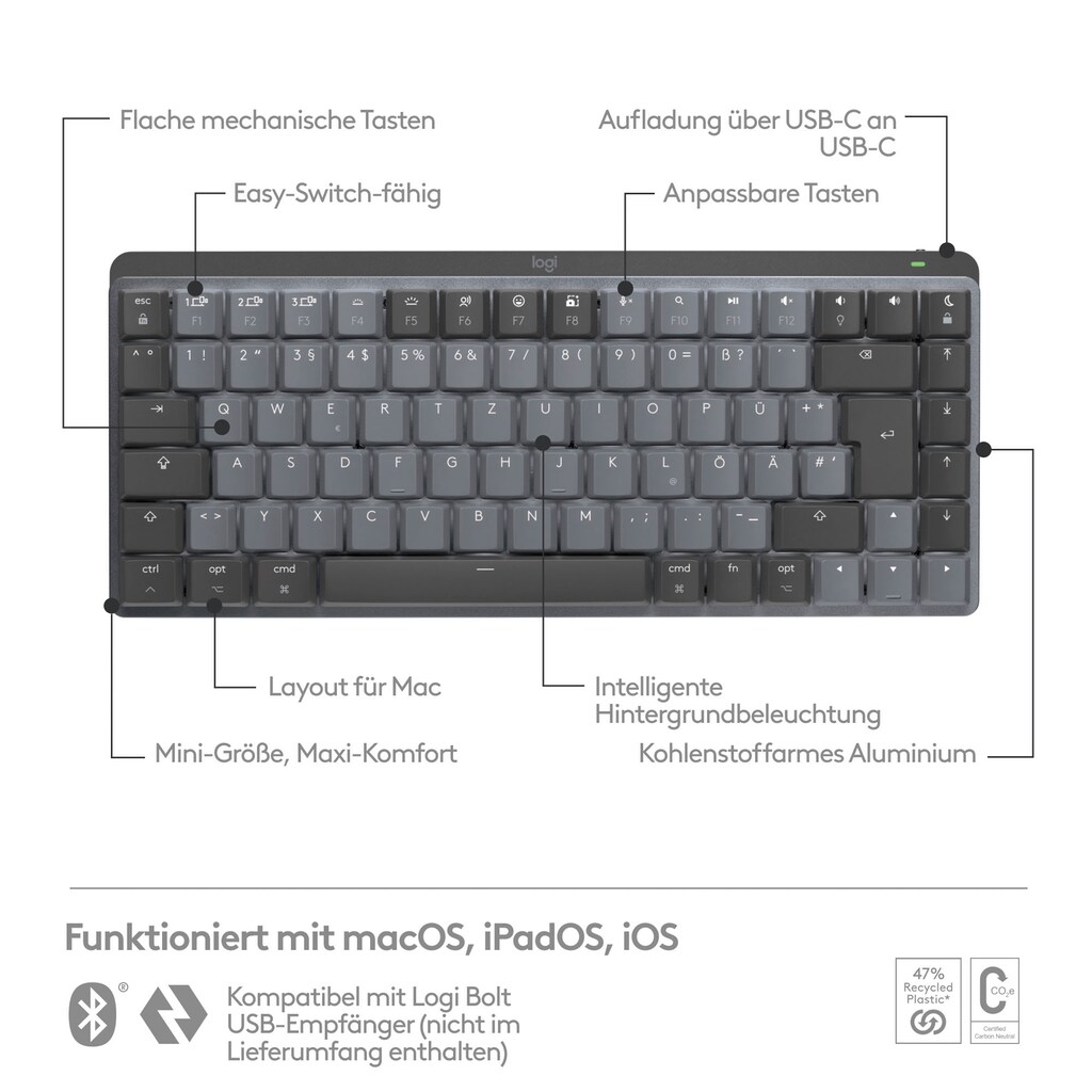 Logitech Wireless-Tastatur »MX Mechanical Mini for Mac Minimalist«, (USB-Anschluss-Fn-Tasten-Easy-Switch)