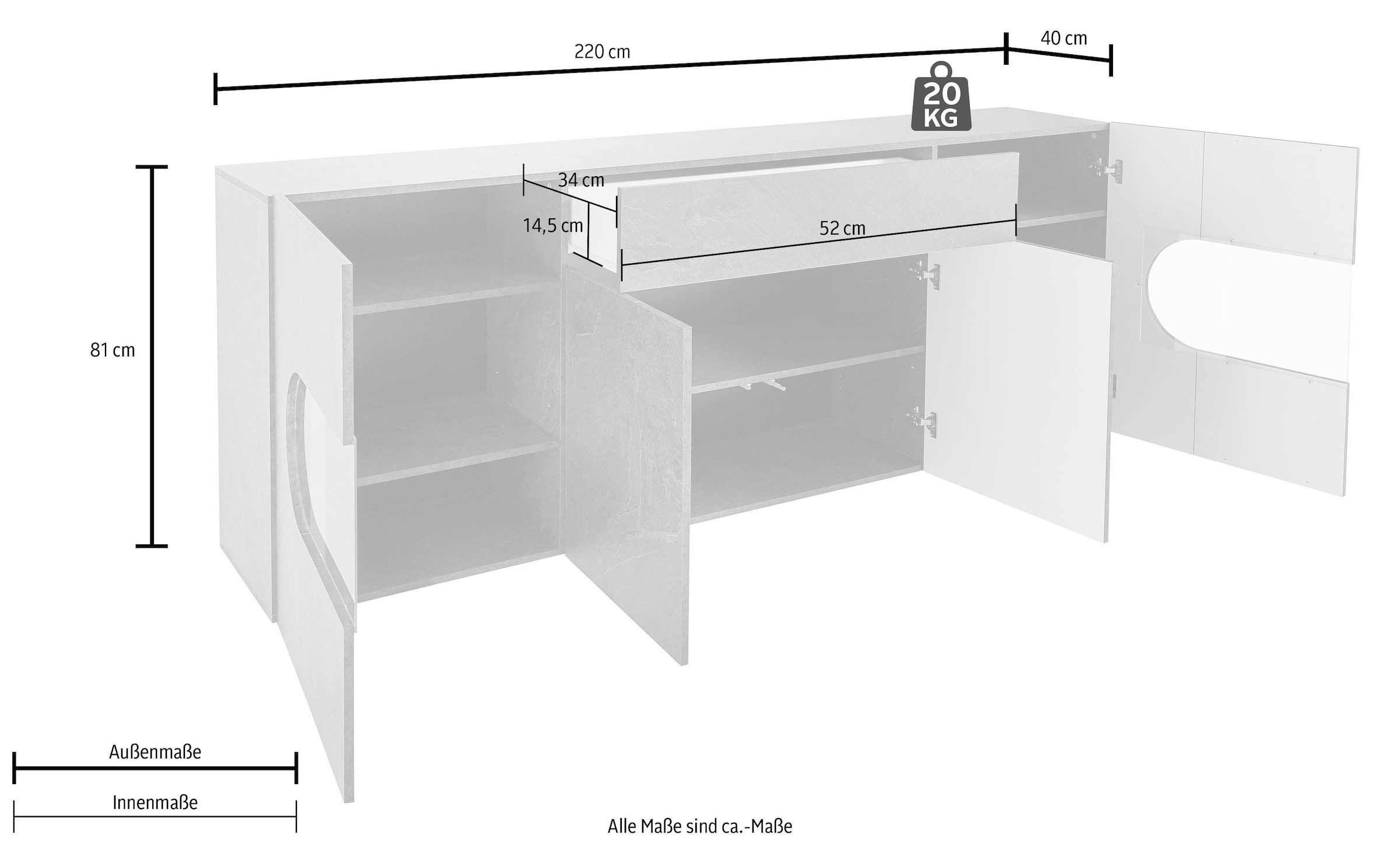 INOSIGN Sideboard »Real,Vitrine,Kommode,Schrank,komplett hochglanz lackiert«, mit 4 Türen davon 2 Glastüren und 1 Schublade ohne Griff Breite 220cm