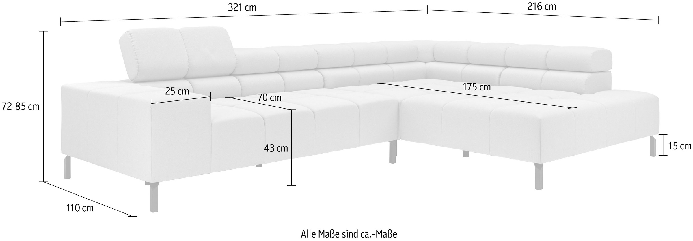 INOSIGN Ecksofa »Ancona New, wahlweise motorische Sitztiefenverstellung, auch in Cord«, feine Steppung, mit Kopfteilverstellung, 3 Zierkissen, L-Form
