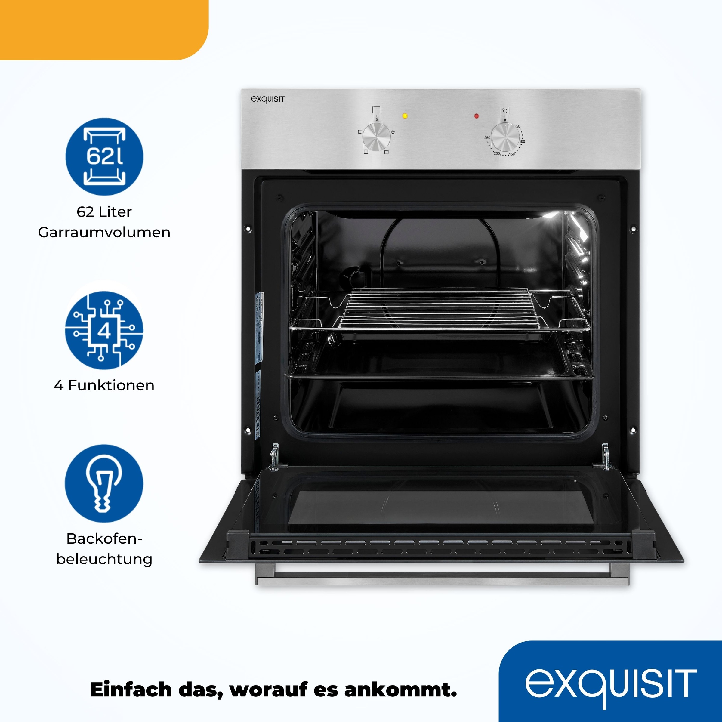 exquisit Einbaubackofen  »EBE 555-1.1«, Alles drin: Grill, Licht, Backblech – für jedes Backvorhaben!