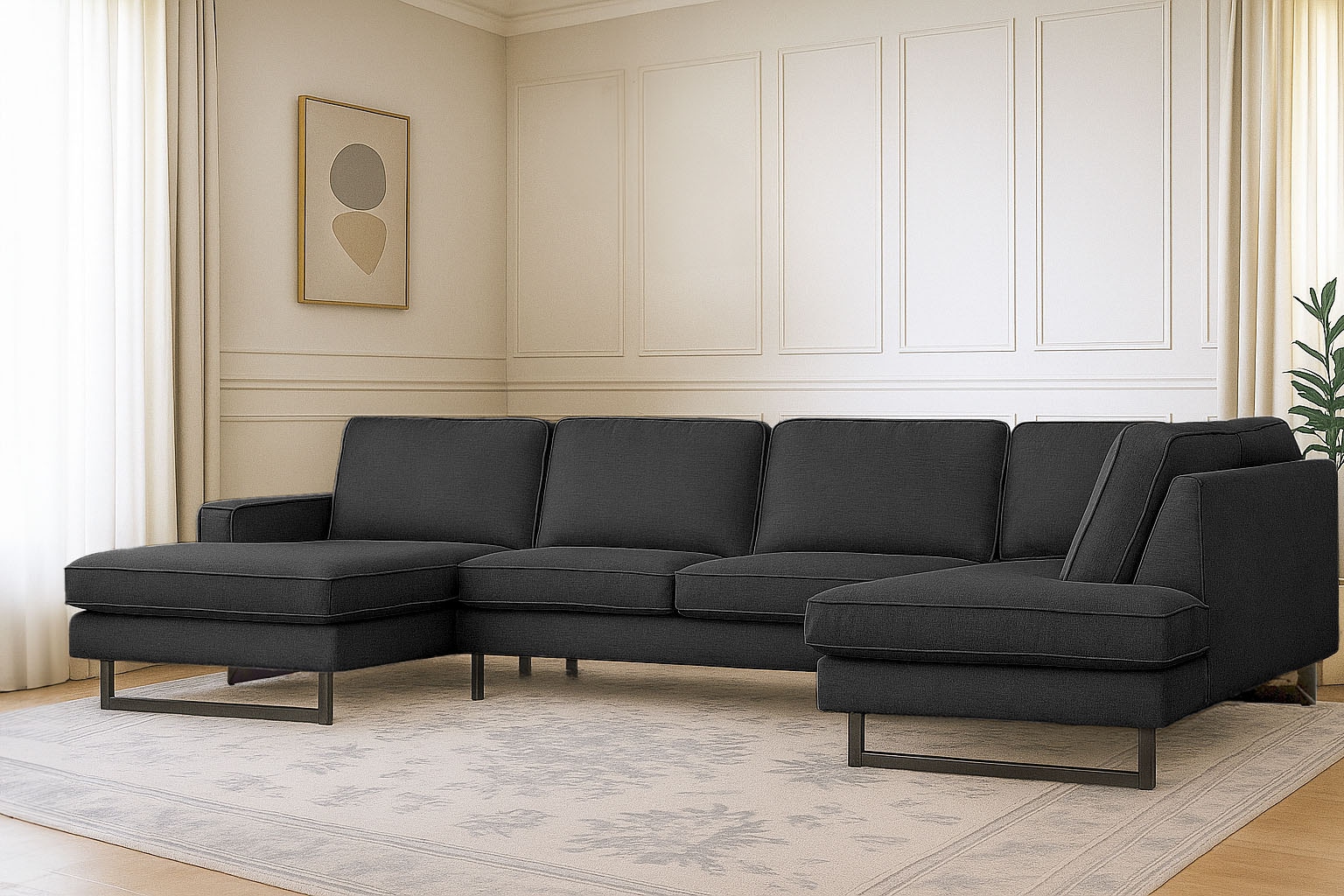 OTTO home Wohnlandschaft "Pinto, 350 cm, U-Form, XXL, mit Ottomanen" Cord, Chenille, Lederoptik, mit Keder, Metallfüße, Wellenunterfederung