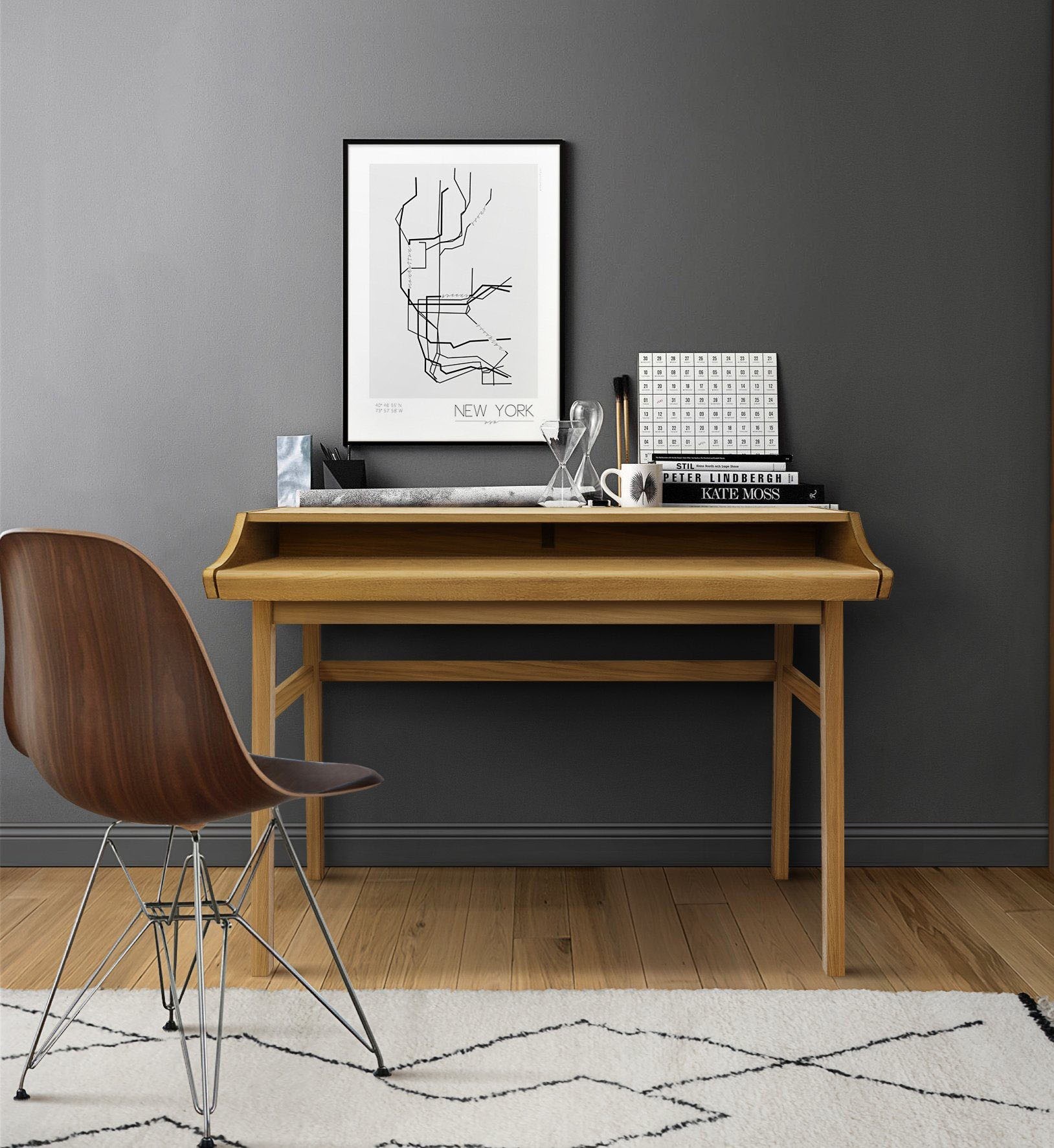 Woodman Schreibtisch "Carteret", edles Holzfurnier aus Eiche, Gestell Massi günstig online kaufen