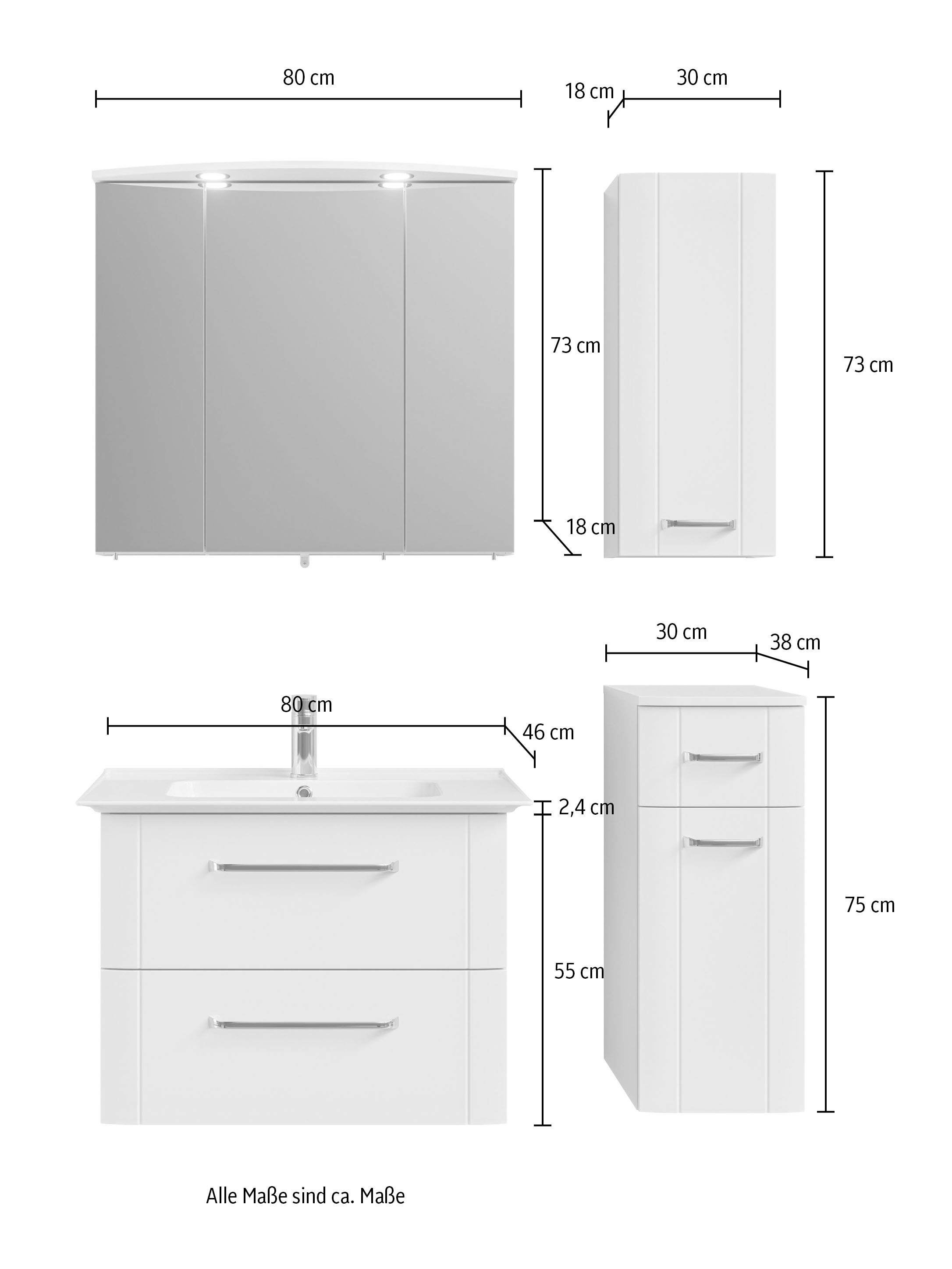 Saphir Badmöbel-Set »Badmöbel-Set Serie 3006 4-teilig Keramik-Waschtisch mit Spiegelschrank«, (5 St.), Badezimmer Set mit Unterschrank, Hängeschrank, inkl. Türdämpfer