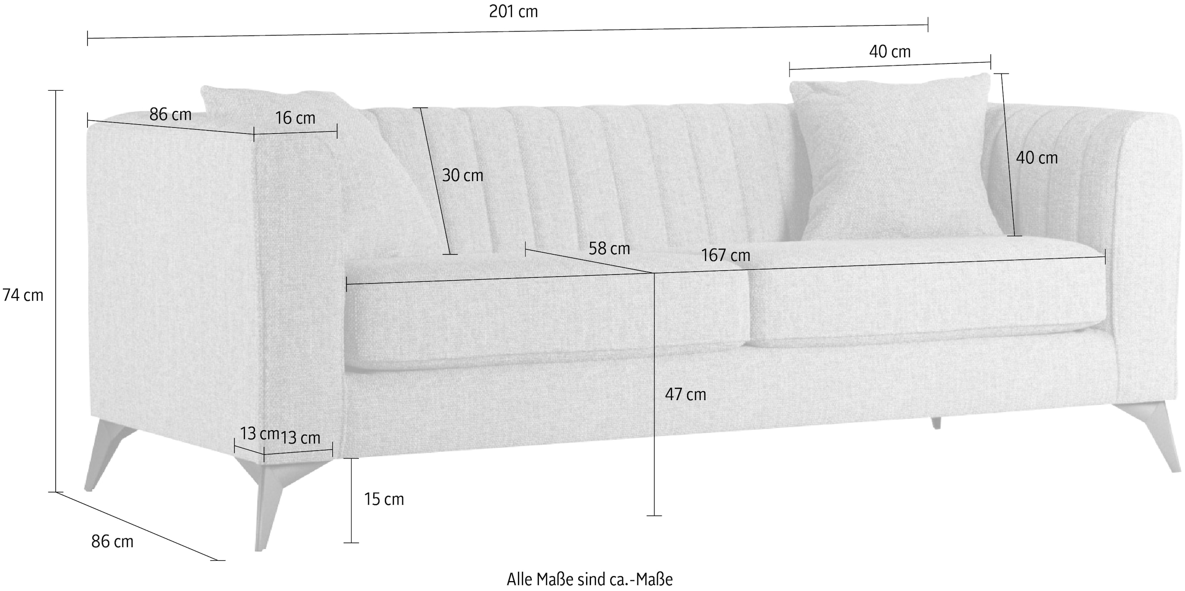 Places of Style 3-Sitzer »MATTHEW elegantes Designsofa, Maße B/T/H: 201/86/74 cm«, feine Steppung im Rückenbereich, lose Sitzkissen, incl. Zierkissen