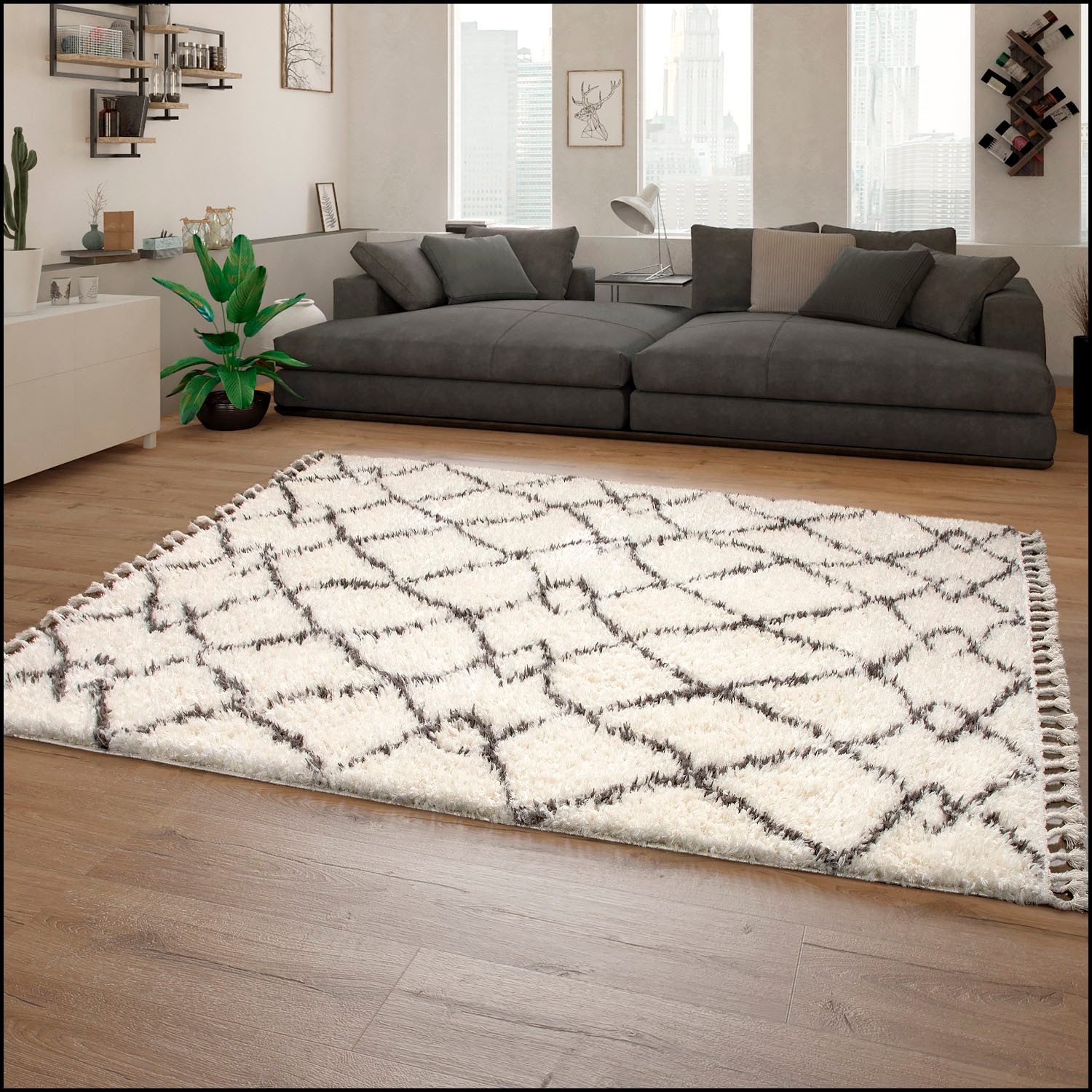 Paco Home Hochflor-Teppich »Orebro 170«, rechteckig, 44 mm Höhe, modernes Rauten Muster, besonders weich & kuschelig, mit Fransen