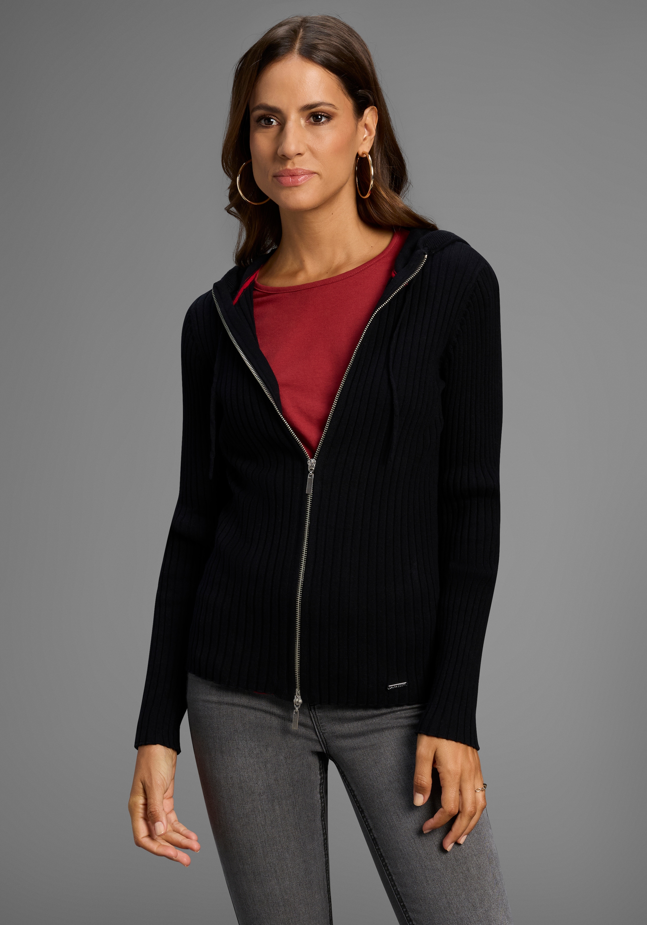 Laura Scott Kapuzenstrickjacke, mit 2-Wege-Reißverschluss aus Rippe - NEUE günstig online kaufen
