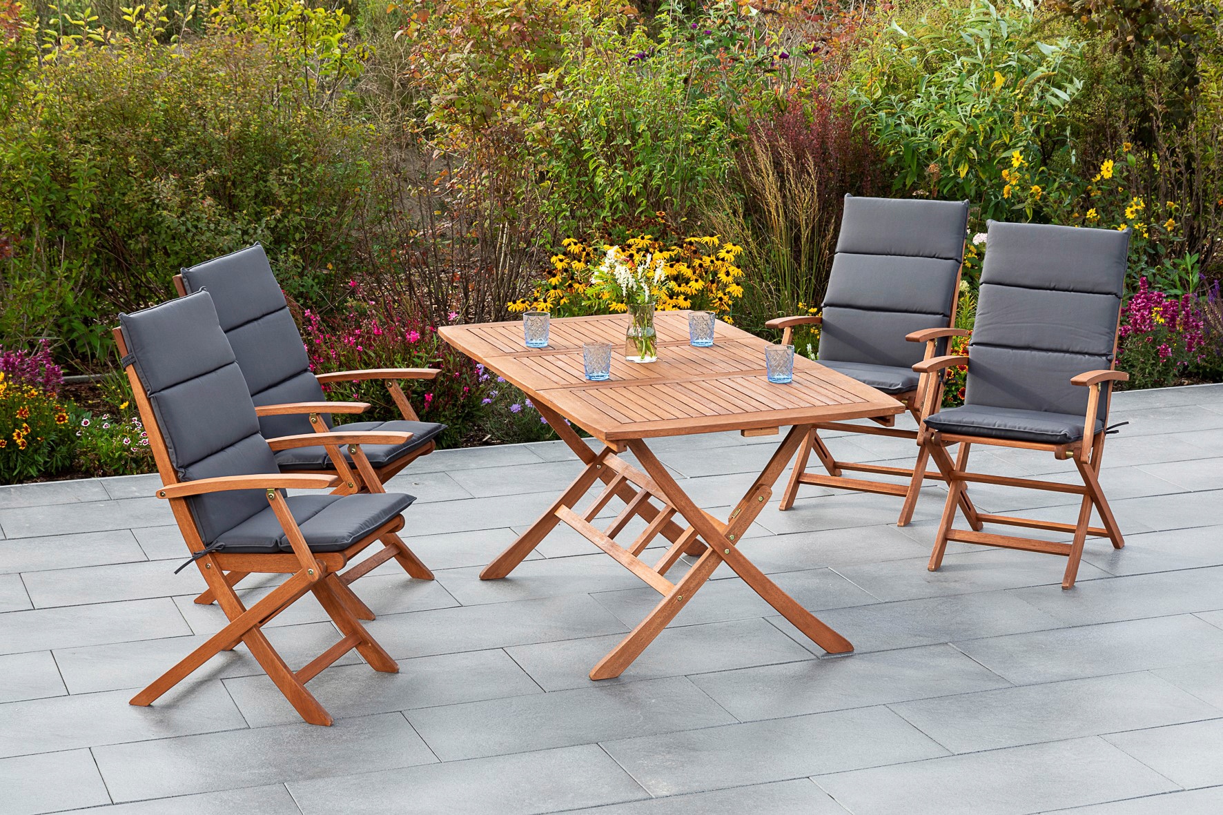 Garten-Essgruppe MERXX "Comodoro", braun, B:64,5cm H:100cm T:56cm, FSC-zertifiziertes Massivholz, Sitzmöbel-Sets, 4 Klappsessel mit ausziehbarem Tisch