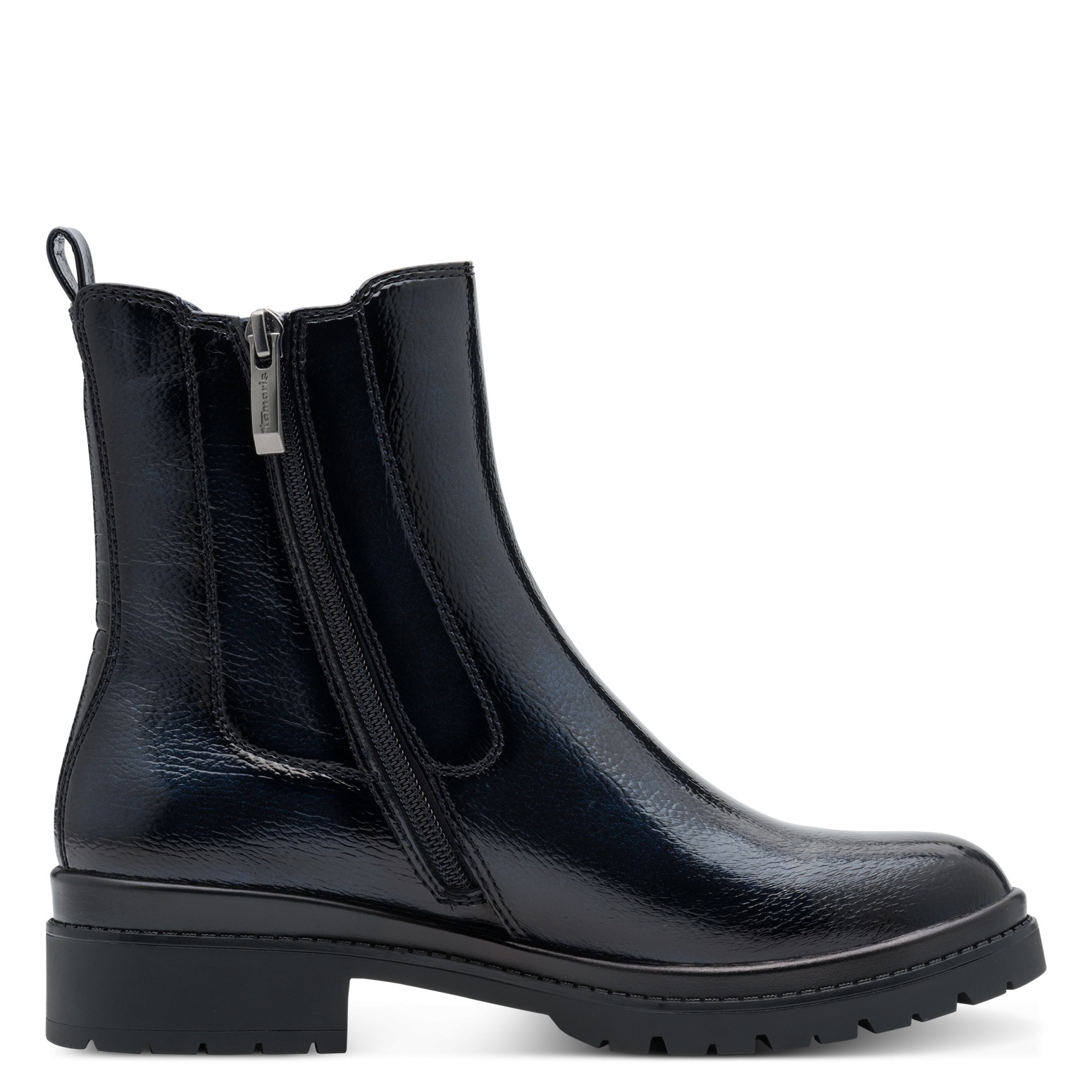 Chelseaboots TAMARIS, Damen, Gr. 38, navy, lack, Lacksynthetik, unifarben, Schuhe Chelseaboots, Blockabsatz, Basic, Stiefelette in veganer Verarbeitung 3