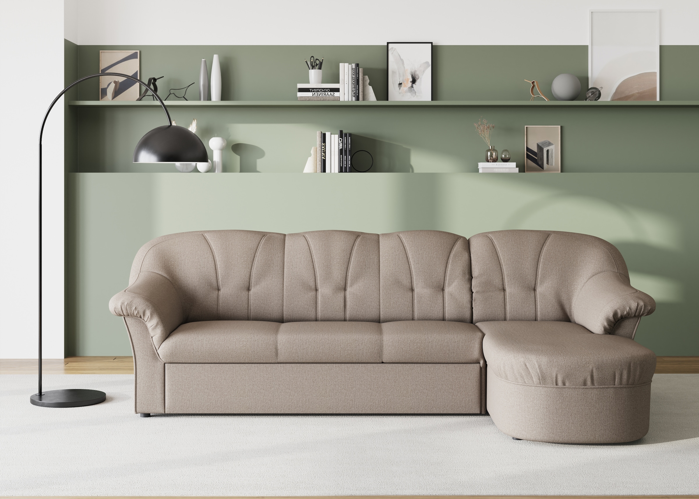 DOMO collection Ecksofa "Pegnitz, elegante Rückensteppung, kompakte Stellmaße 238/141cm, L-Form" wahlweise mit Bettfunktion