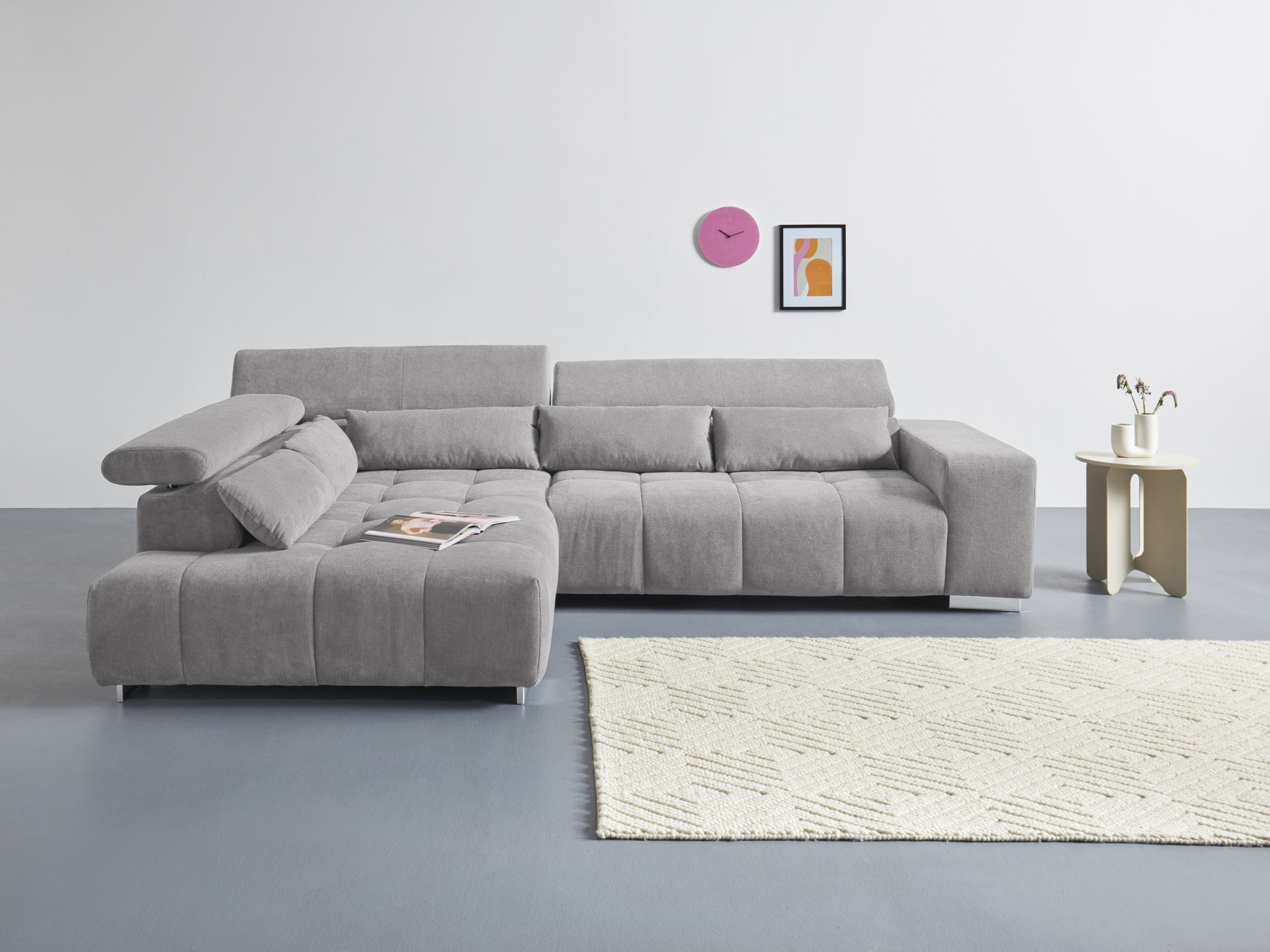 COTTA Ecksofa "Orion L-Form, B: 310 cm, moderne Steppung, bequeme Wellenunterfederung" Kopfteilverstellung & 5 Nierenkissen