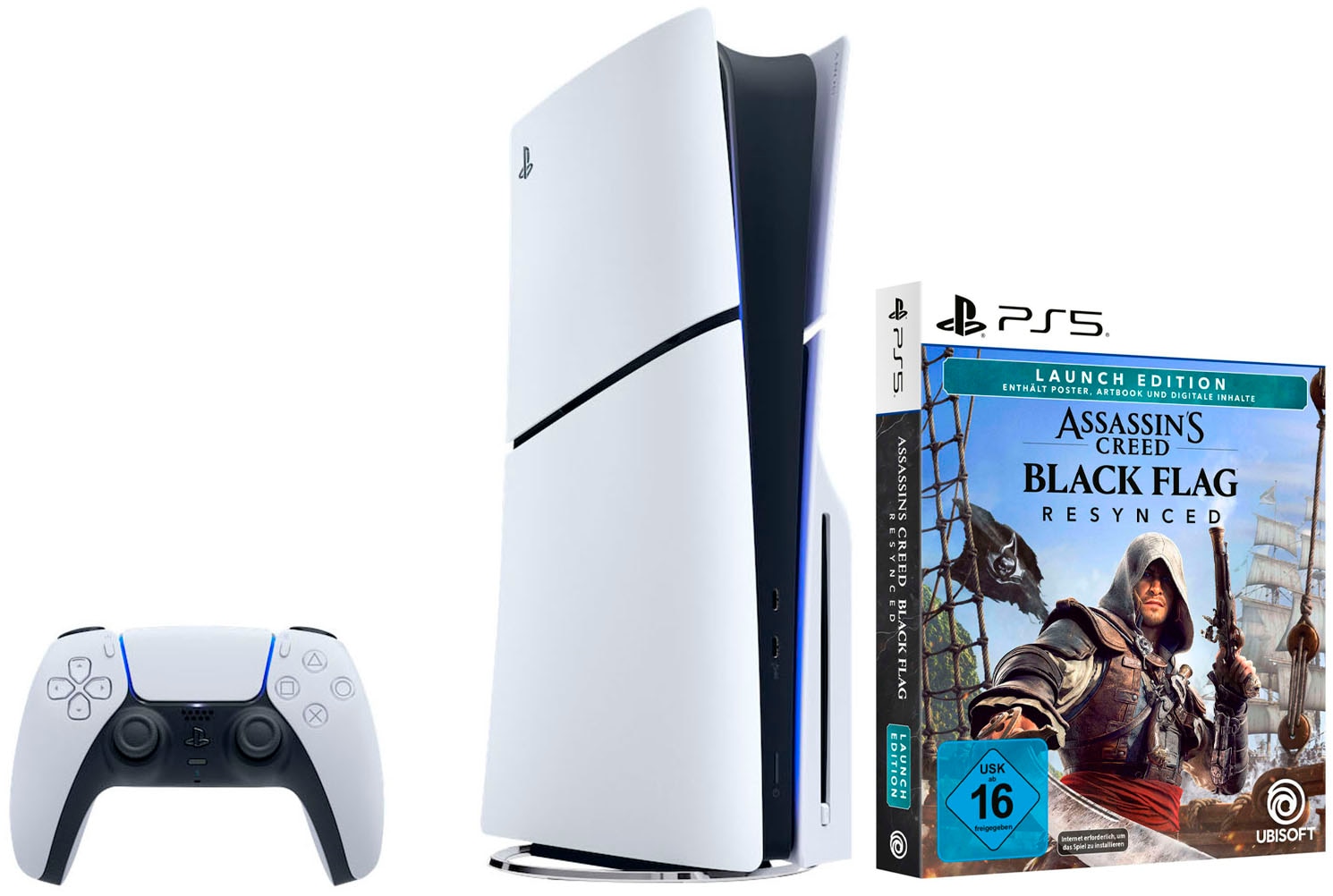 PLAYSTATION 5 Konsolen-Set "PS5 Disk Edition (Slim) inkl. Assassin’s Creed Black Flag Resynced", weiß (weiß, schwarz), B:35,8cm H:9,6cm T:21,6cm, Spie
