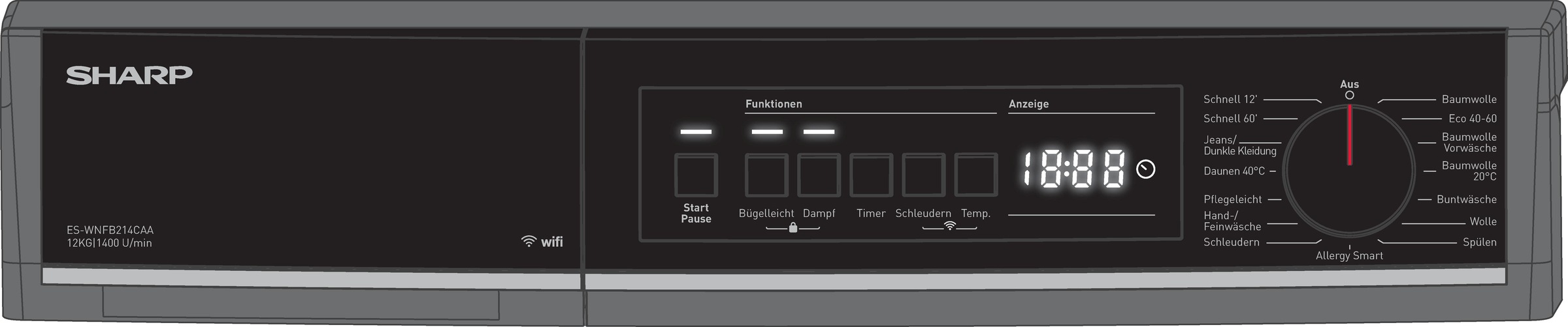 Sharp Waschmaschine »ES-WNFB214CAA-DE« 12 kg 1400 U/min 12kg / +WIFI / A-20% / black Doorring+knob / Steam / Espresso Grey