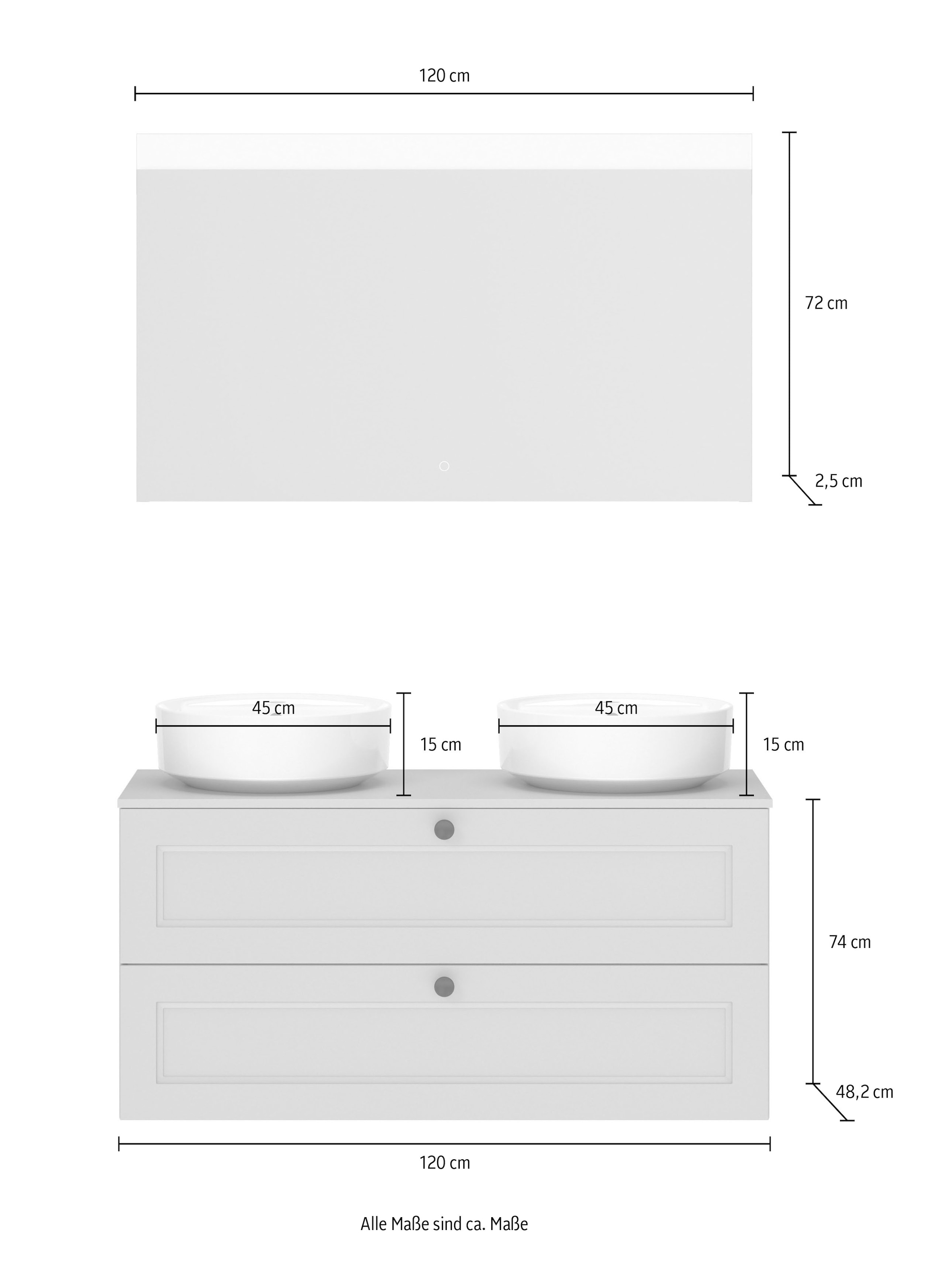 nobilia® Badmöbel-Set »Cascada« Set, inkl.  2 Aufsatzwaschbecken und beleuchtetem  Spiegel mit Touch-Sensor, 4 Stk. tlg.