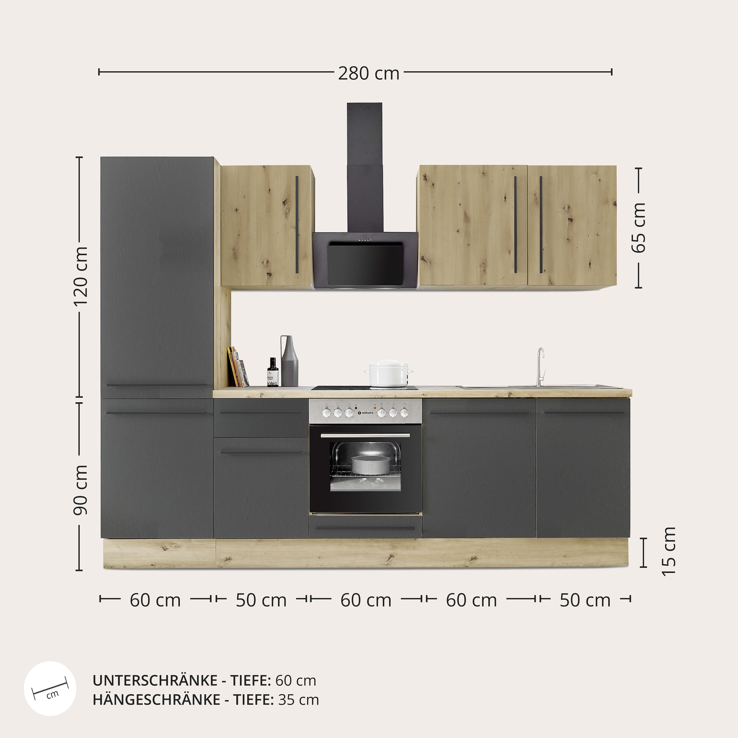 KOCHSTATION Küchenzeile »KS-Florida mit 38mm starker Arbeitsplatte«, Breite 280 cm, wahlweise mit E-Geräten, Soft-Close-Funktion
