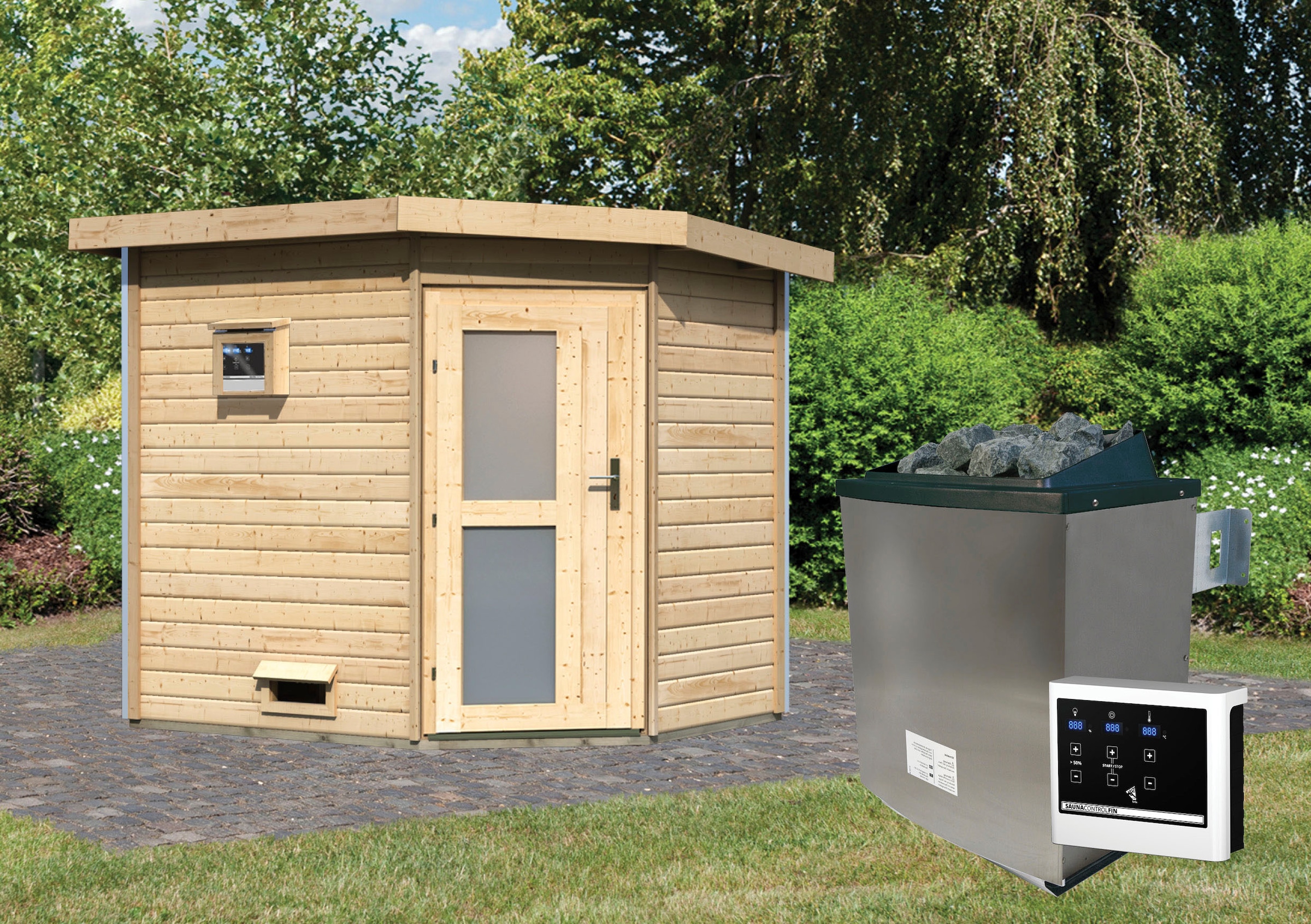 Karibu Saunahaus »Tore«, Milchglastür, Ofen 9 KW externe Strg easy