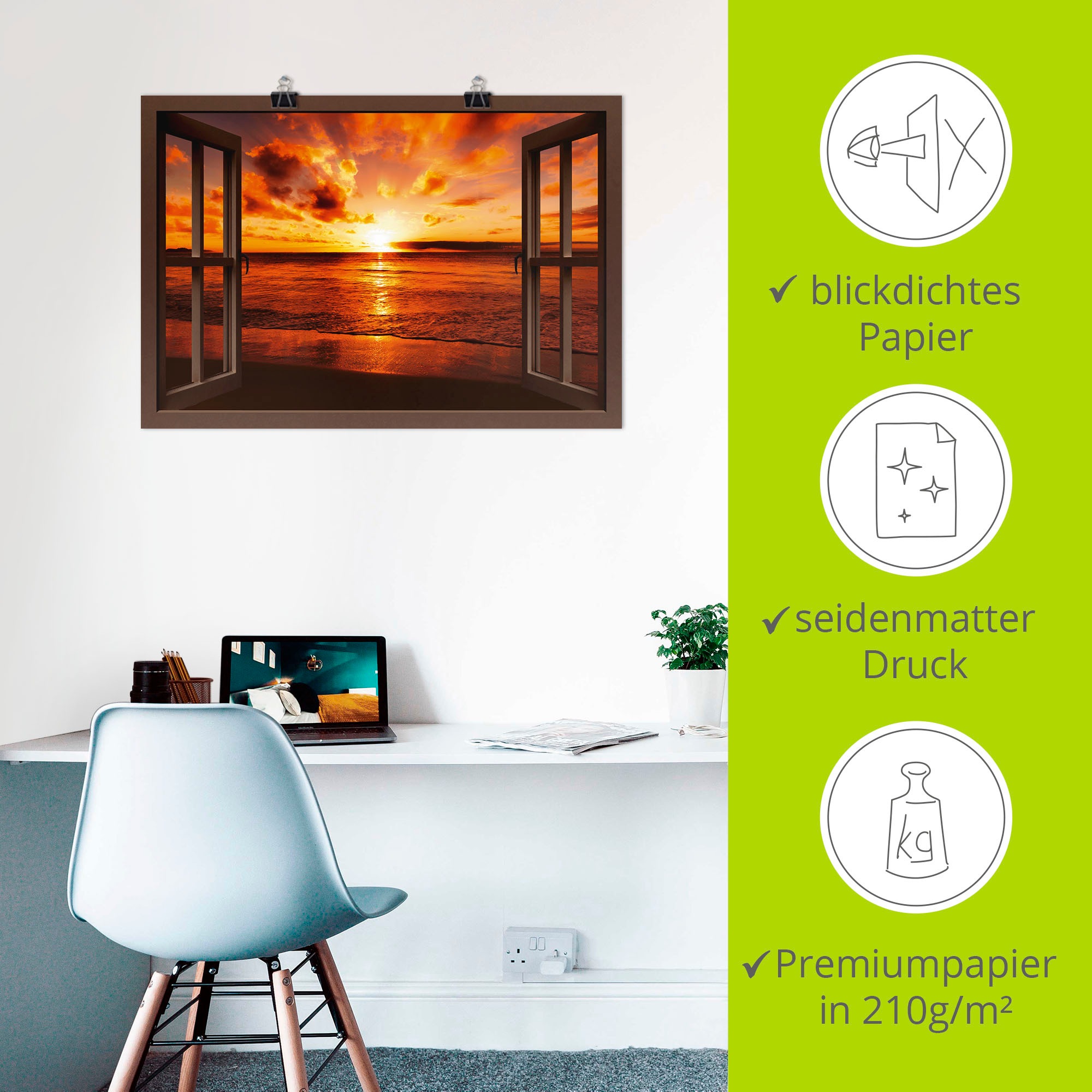 Artland Wandbild »Fensterblick Sonnenuntergang am Strand«, Fensterblick, (1 St.), als Leinwandbild, Poster, Wandaufkleber in verschied. Größen