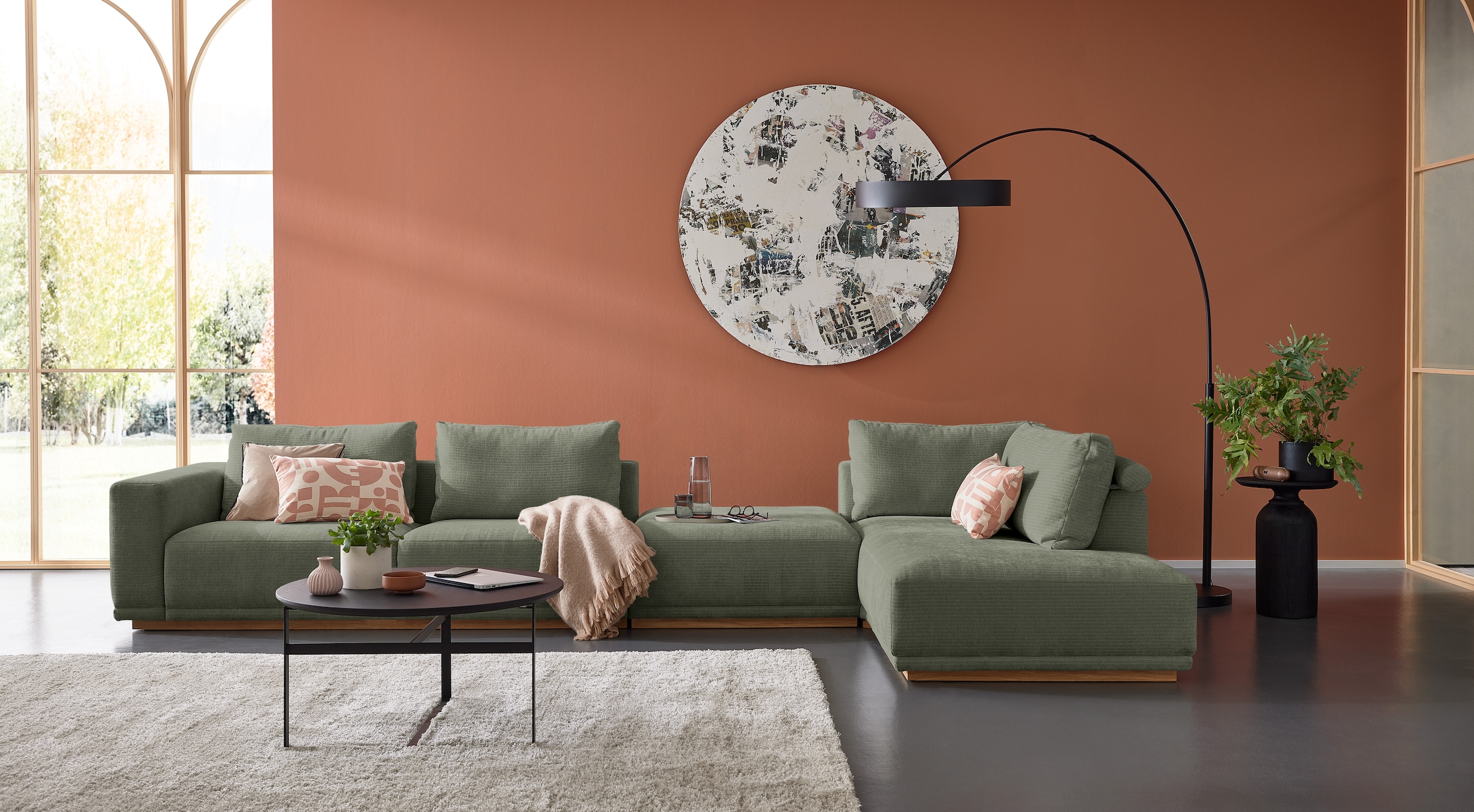 Musterring Wohnlandschaft "JustB PM200 bequem, wahlw. Sitzvorzug, Breite 395cm, Holzsockel" Anreihsofa Armteil links, Eckteil rechts und Hocker. Elekt. Sitzvorzug